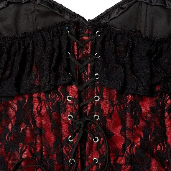 S Lavish Red Satin Black Lace Goth Rennesaince Vampire Burlesque Overbust Corset