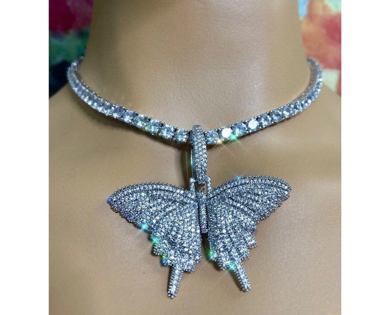 SALE Iced butterfly necklace , bling butterfly , butterfly tennis necklace,tennis necklace and cz butterfly pendant