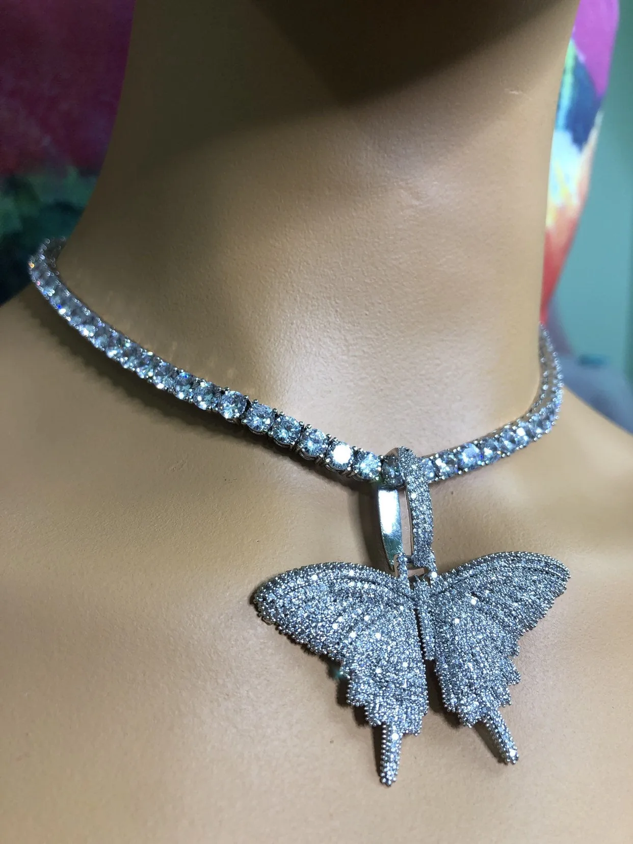 SALE Iced butterfly necklace , bling butterfly , butterfly tennis necklace,tennis necklace and cz butterfly pendant