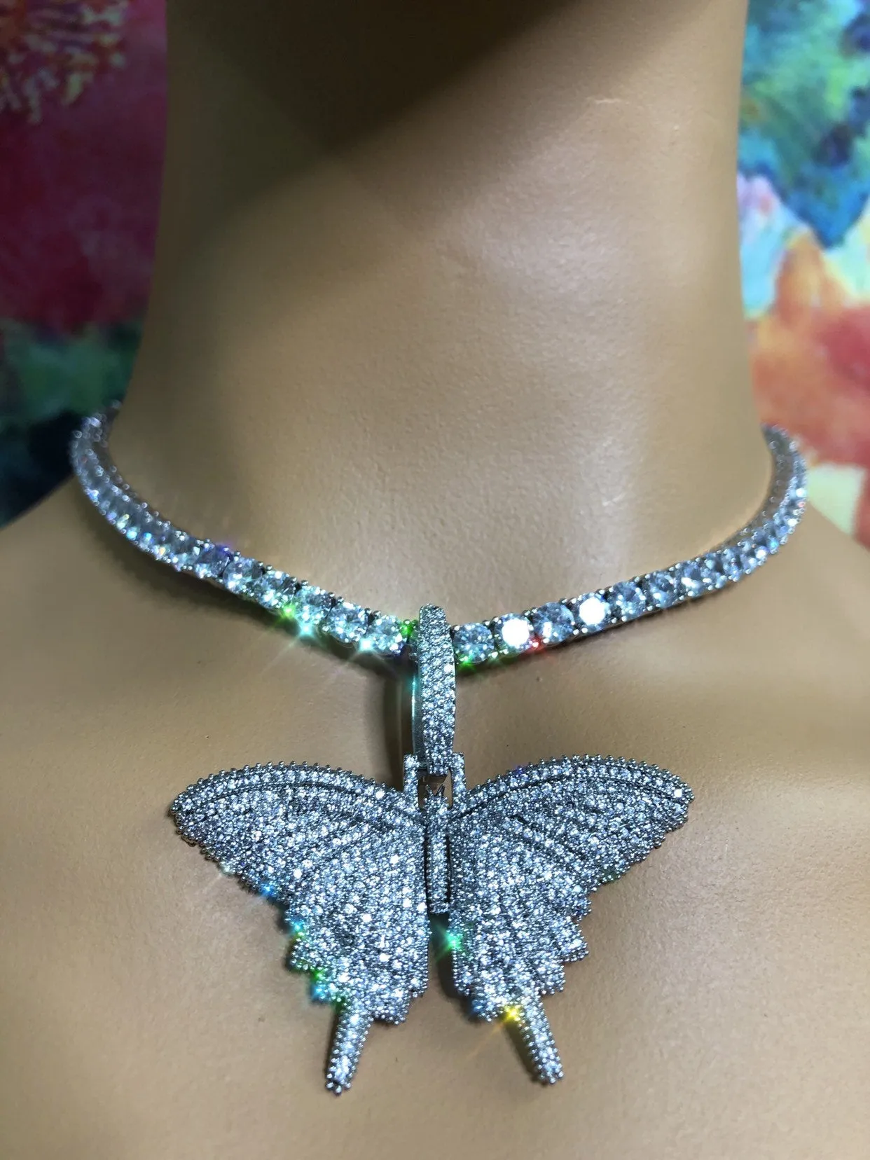 SALE Iced butterfly necklace , bling butterfly , butterfly tennis necklace,tennis necklace and cz butterfly pendant