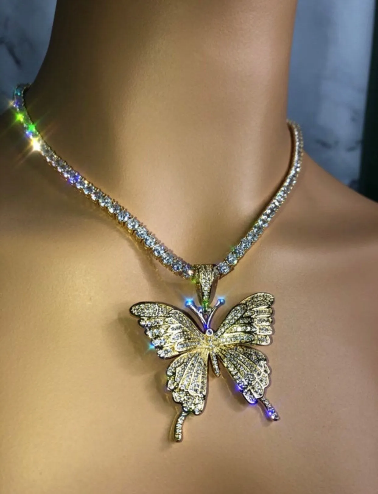 SALE Iced butterfly necklace , bling butterfly , butterfly tennis necklace,tennis necklace and cz butterfly pendant