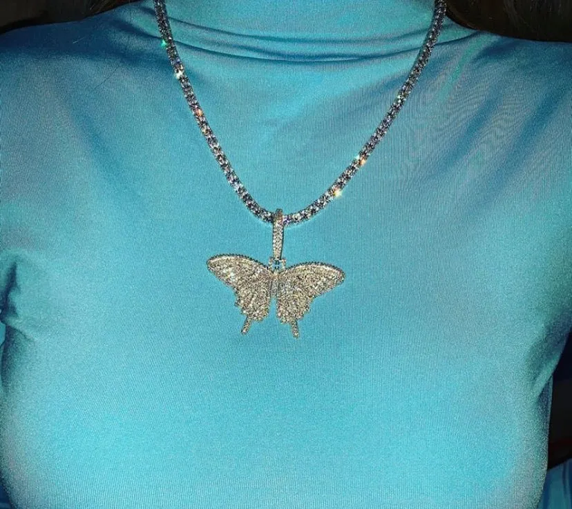 SALE Iced butterfly necklace , bling butterfly , butterfly tennis necklace,tennis necklace and cz butterfly pendant