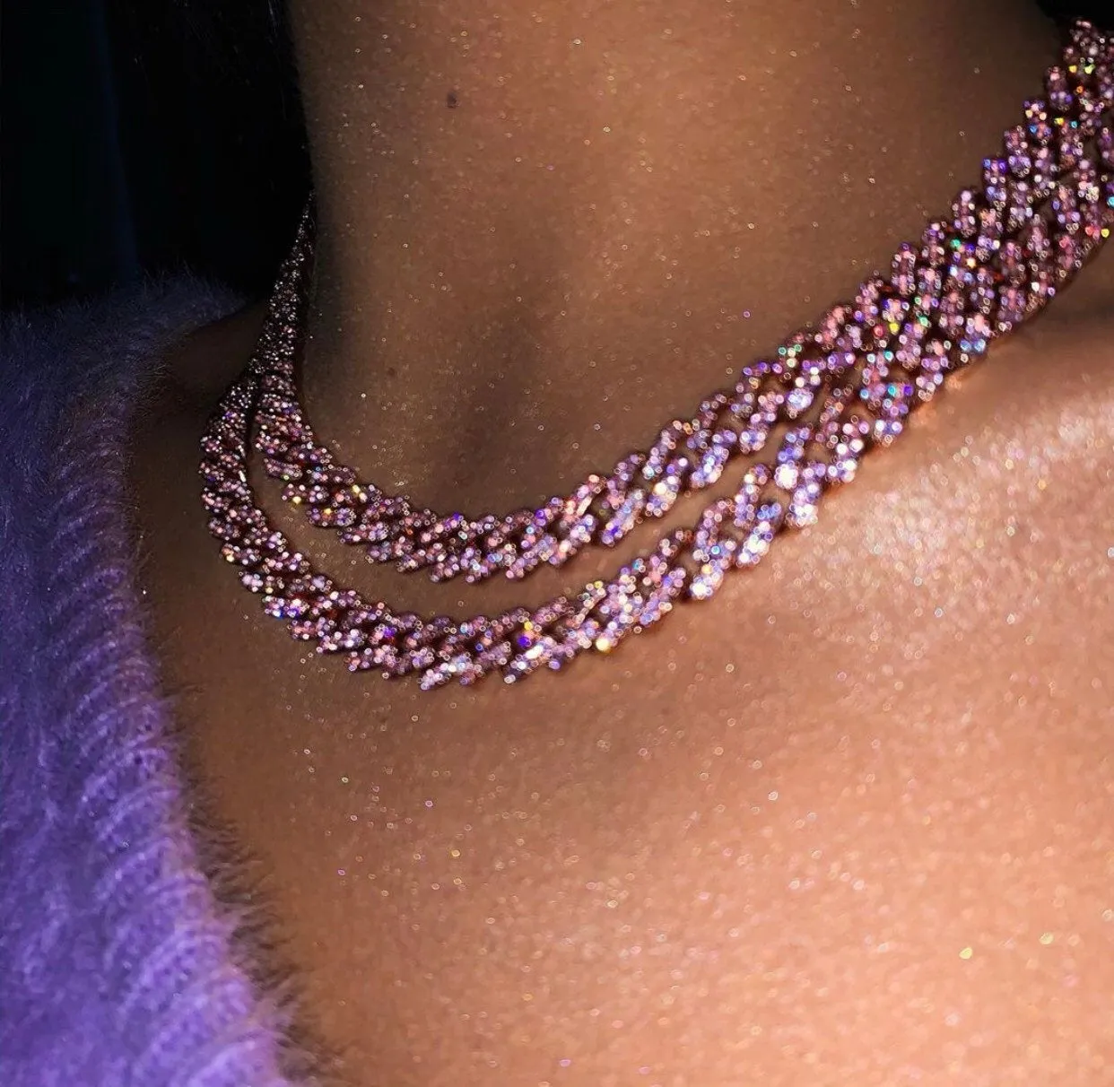 Sale ! Pink and rosegold mini miami cuban link chain, pink barbie  choker , butterfly pink choker, pink Cuban Choker , Iced Out Women Choker