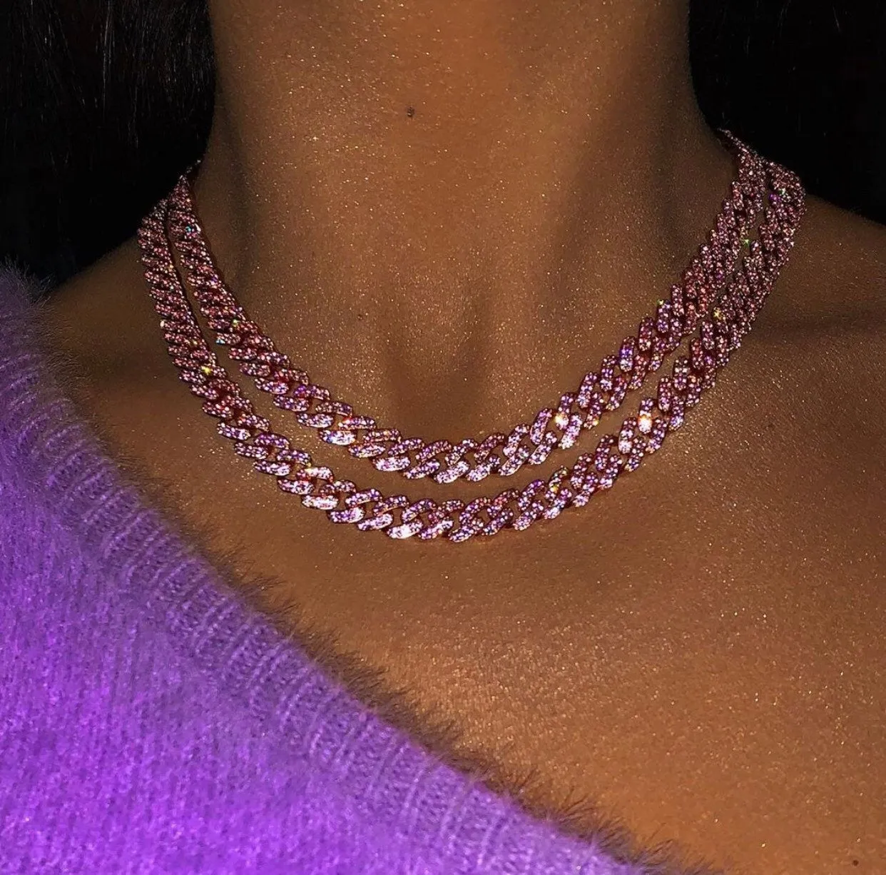 Sale ! Pink and rosegold mini miami cuban link chain, pink barbie  choker , butterfly pink choker, pink Cuban Choker , Iced Out Women Choker