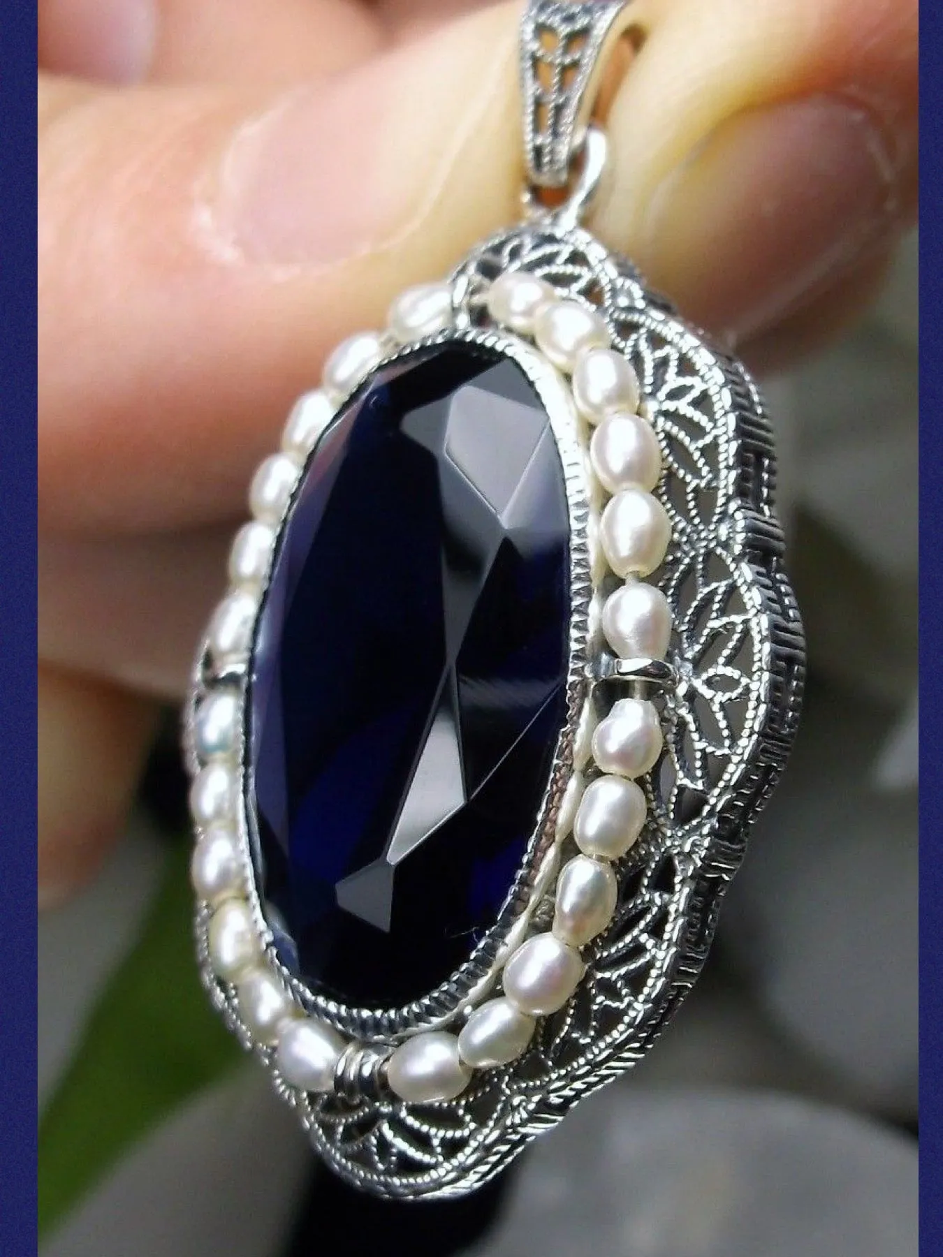 Sapphire Pendant Seed Pearl Victorian Necklace #P52