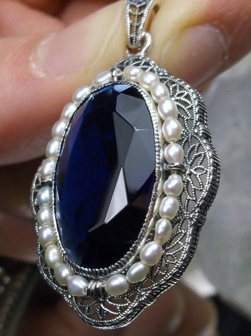 Sapphire Pendant Seed Pearl Victorian Necklace #P52