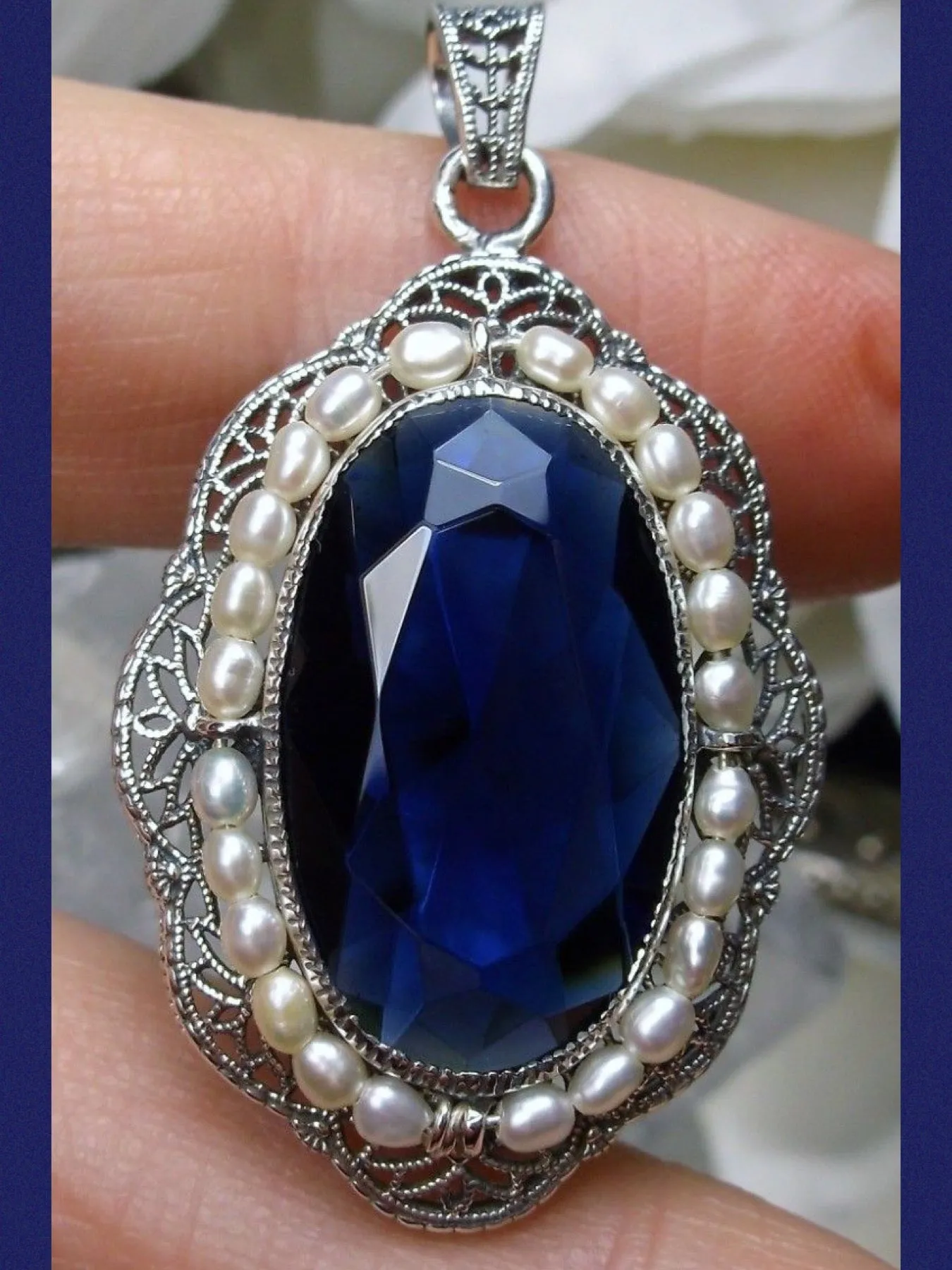 Sapphire Pendant Seed Pearl Victorian Necklace #P52