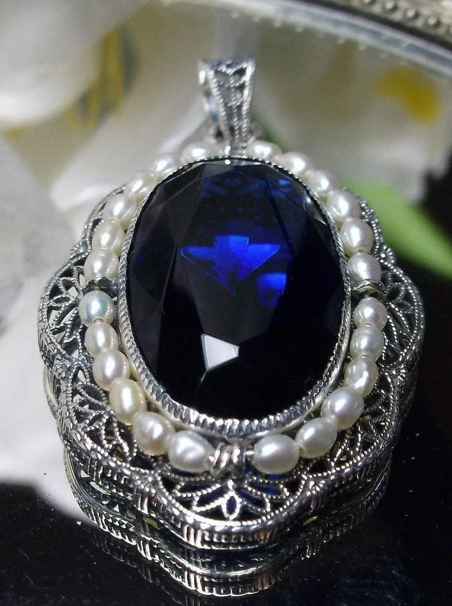 Sapphire Pendant Seed Pearl Victorian Necklace #P52