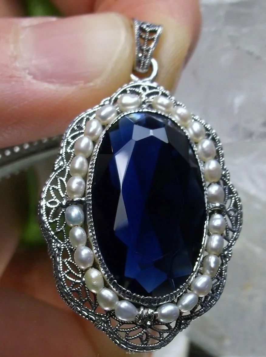 Sapphire Pendant Seed Pearl Victorian Necklace #P52