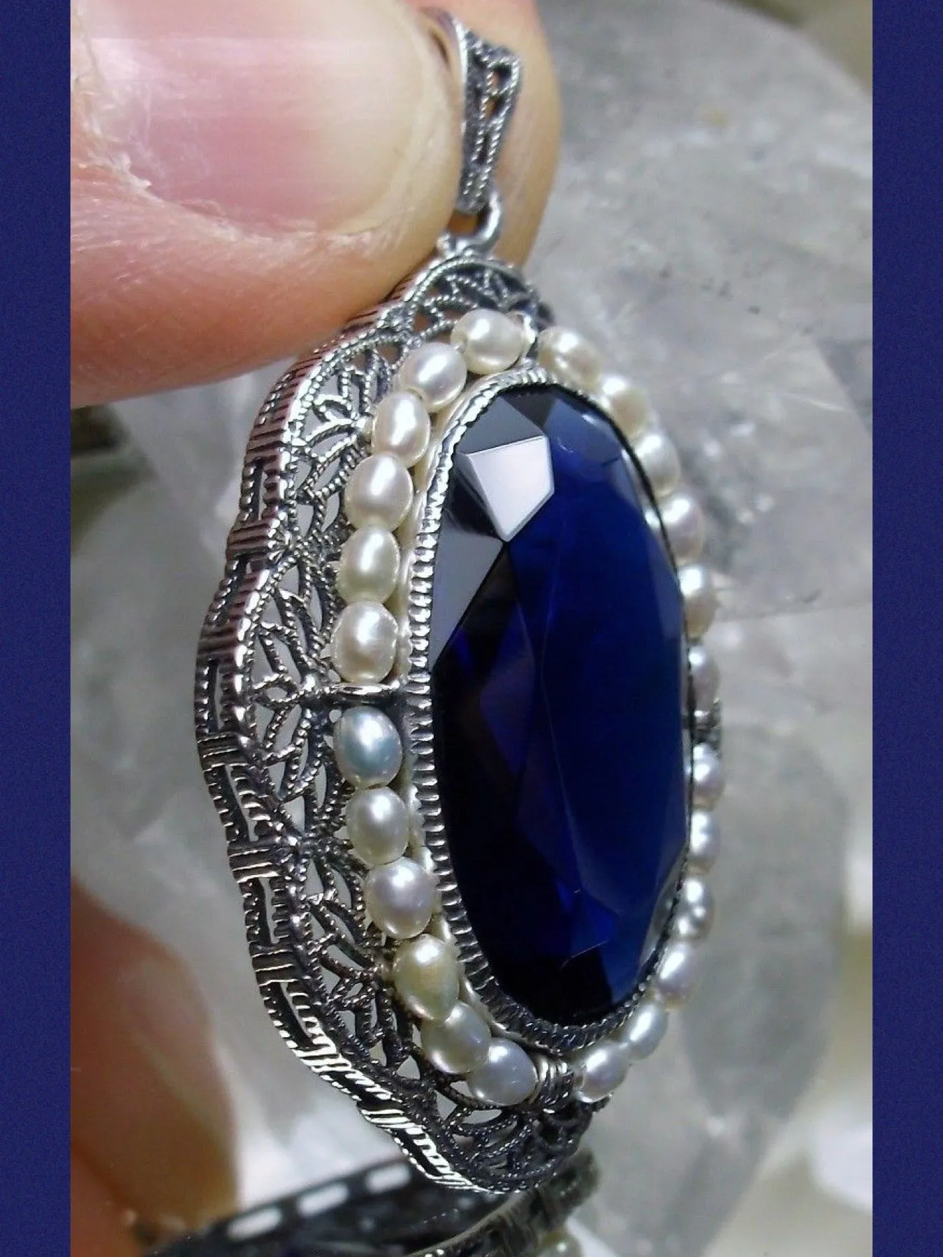 Sapphire Pendant Seed Pearl Victorian Necklace #P52