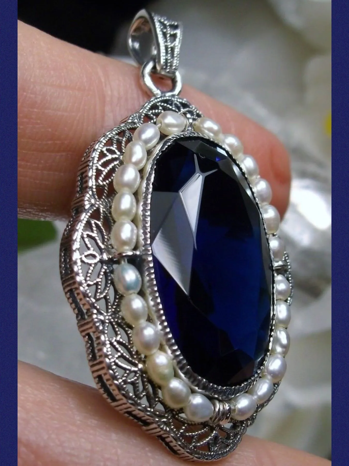 Sapphire Pendant Seed Pearl Victorian Necklace #P52