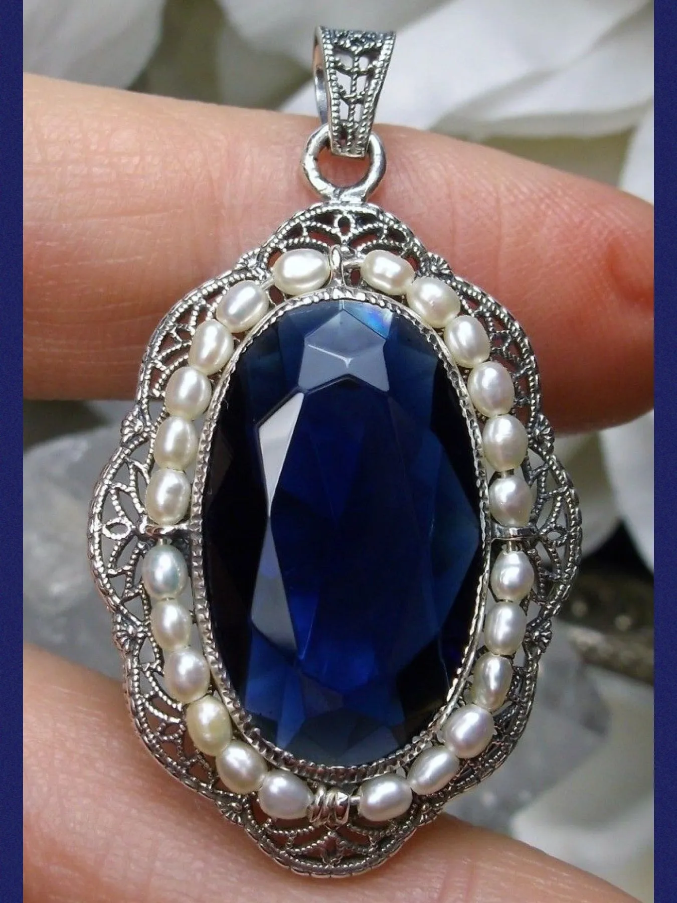 Sapphire Pendant Seed Pearl Victorian Necklace #P52