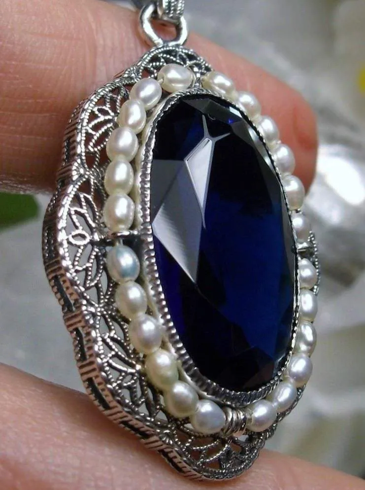 Sapphire Pendant Seed Pearl Victorian Necklace #P52