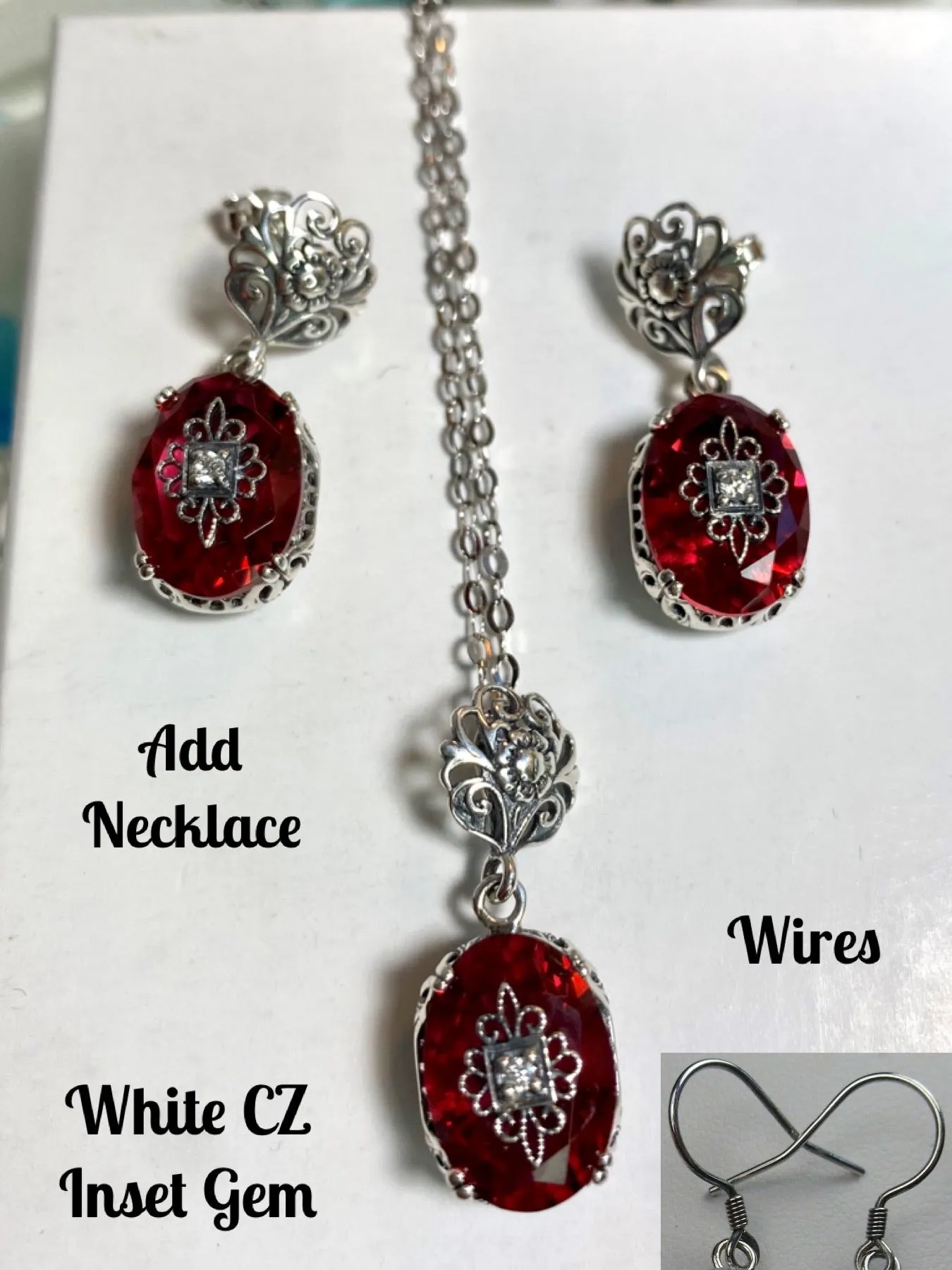 Save 10% on Pink Earrings & Necklace Set, CZ Inset Gem with Sterling Silver Embellishment, Vintage Edwardian Jewelry #E70e