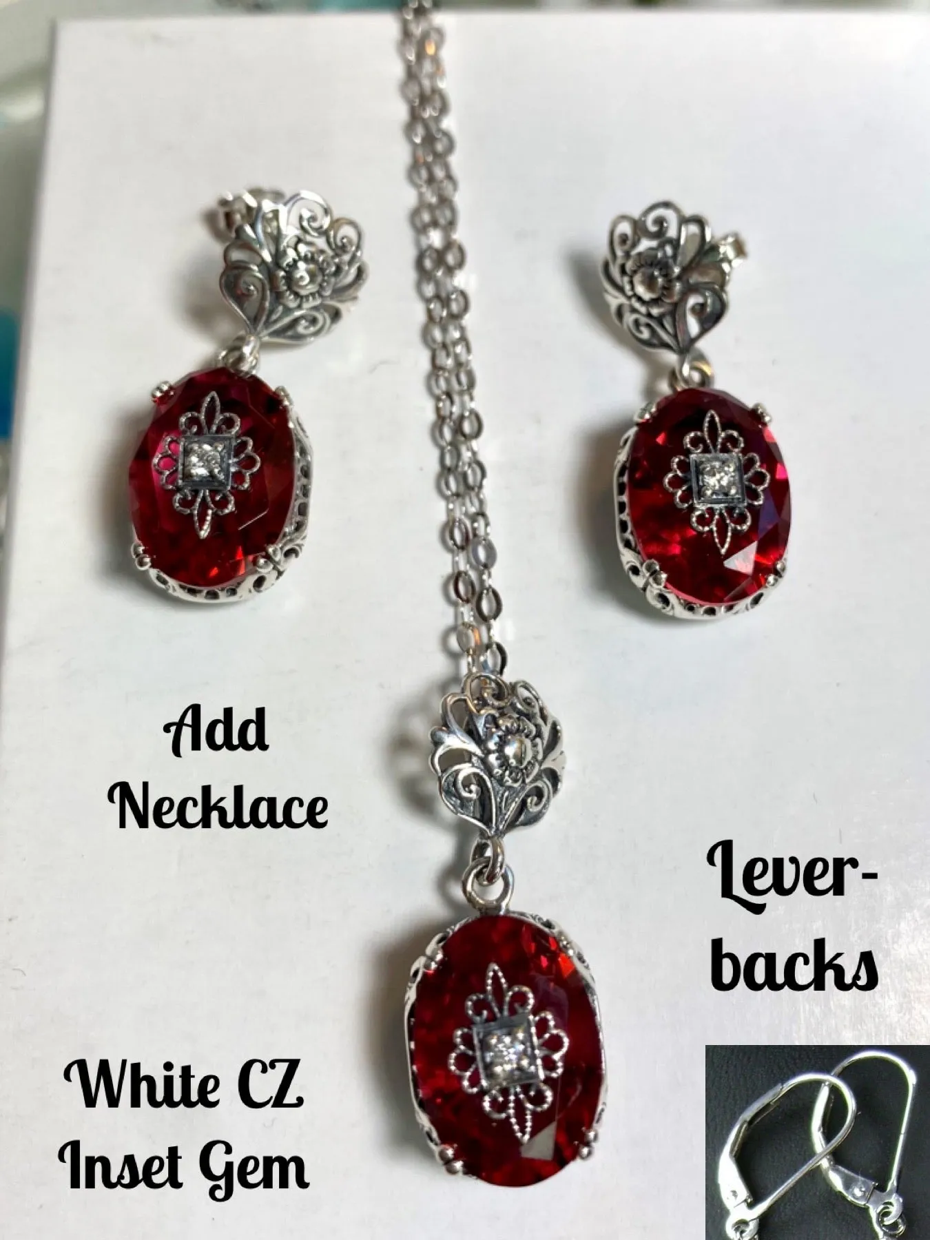 Save 10% on Pink Earrings & Necklace Set, CZ Inset Gem with Sterling Silver Embellishment, Vintage Edwardian Jewelry #E70e