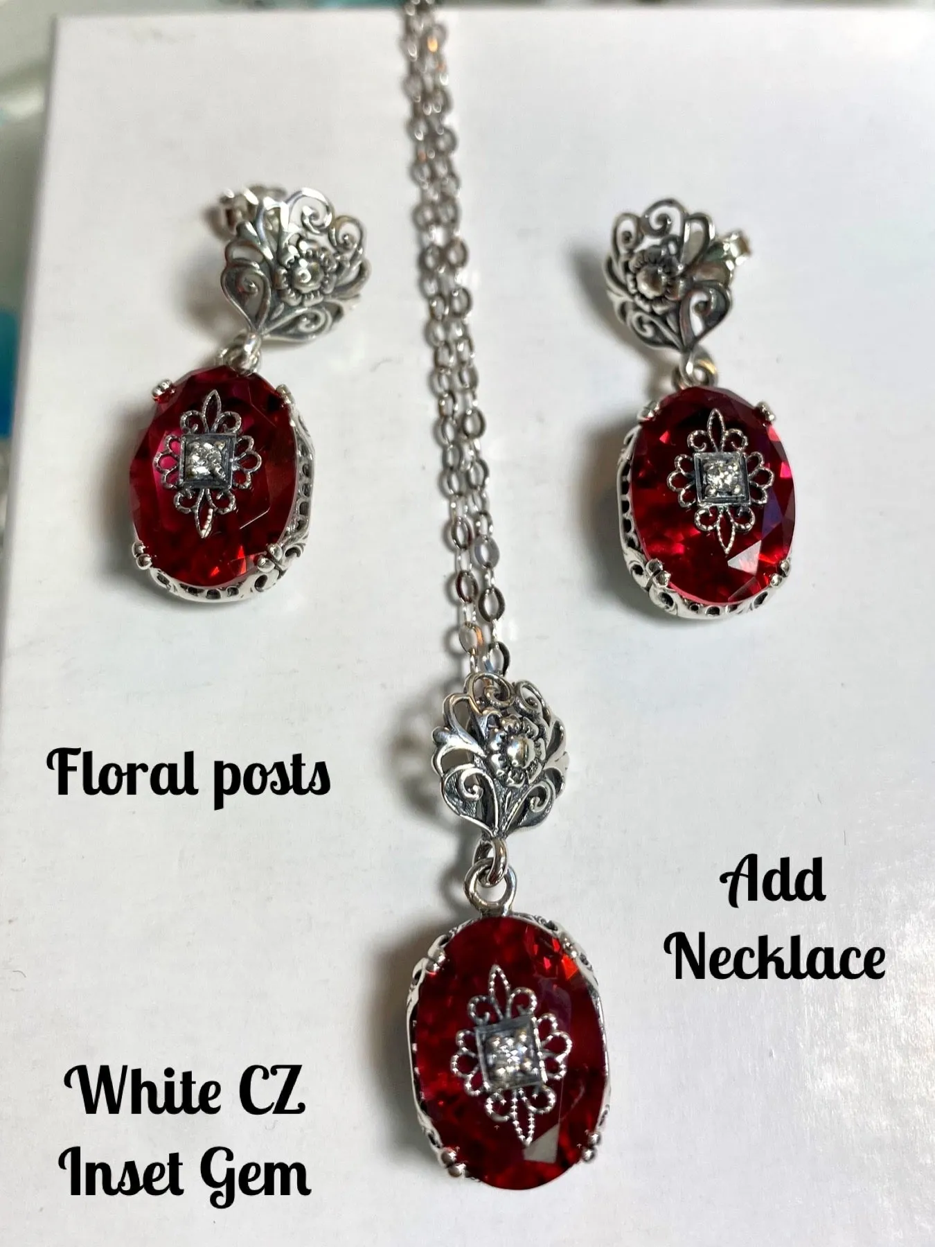 Save 10% on Pink Earrings & Necklace Set, CZ Inset Gem with Sterling Silver Embellishment, Vintage Edwardian Jewelry #E70e
