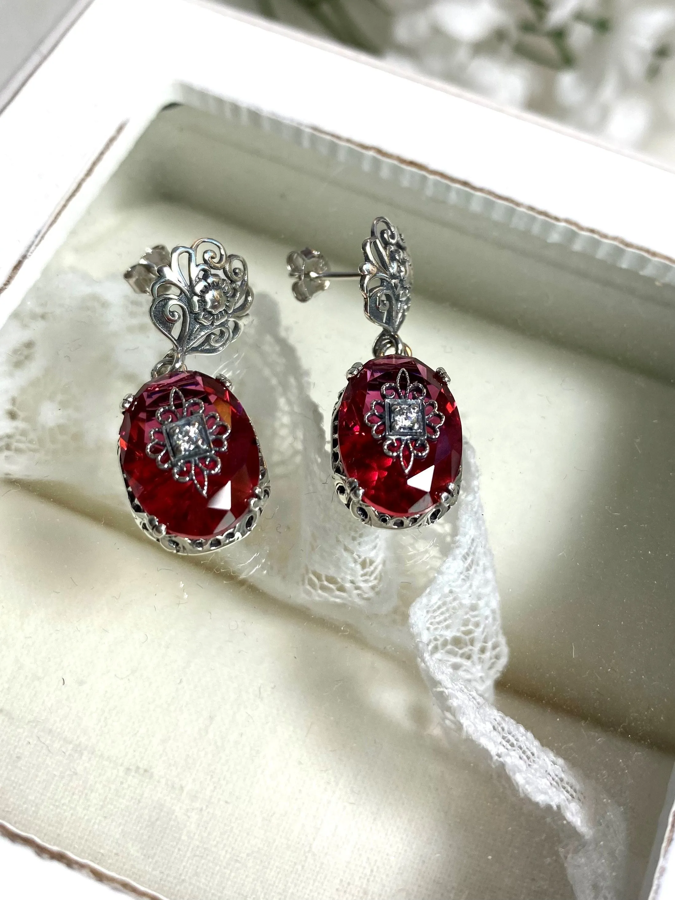 Save 10% on Pink Earrings & Necklace Set, CZ Inset Gem with Sterling Silver Embellishment, Vintage Edwardian Jewelry #E70e