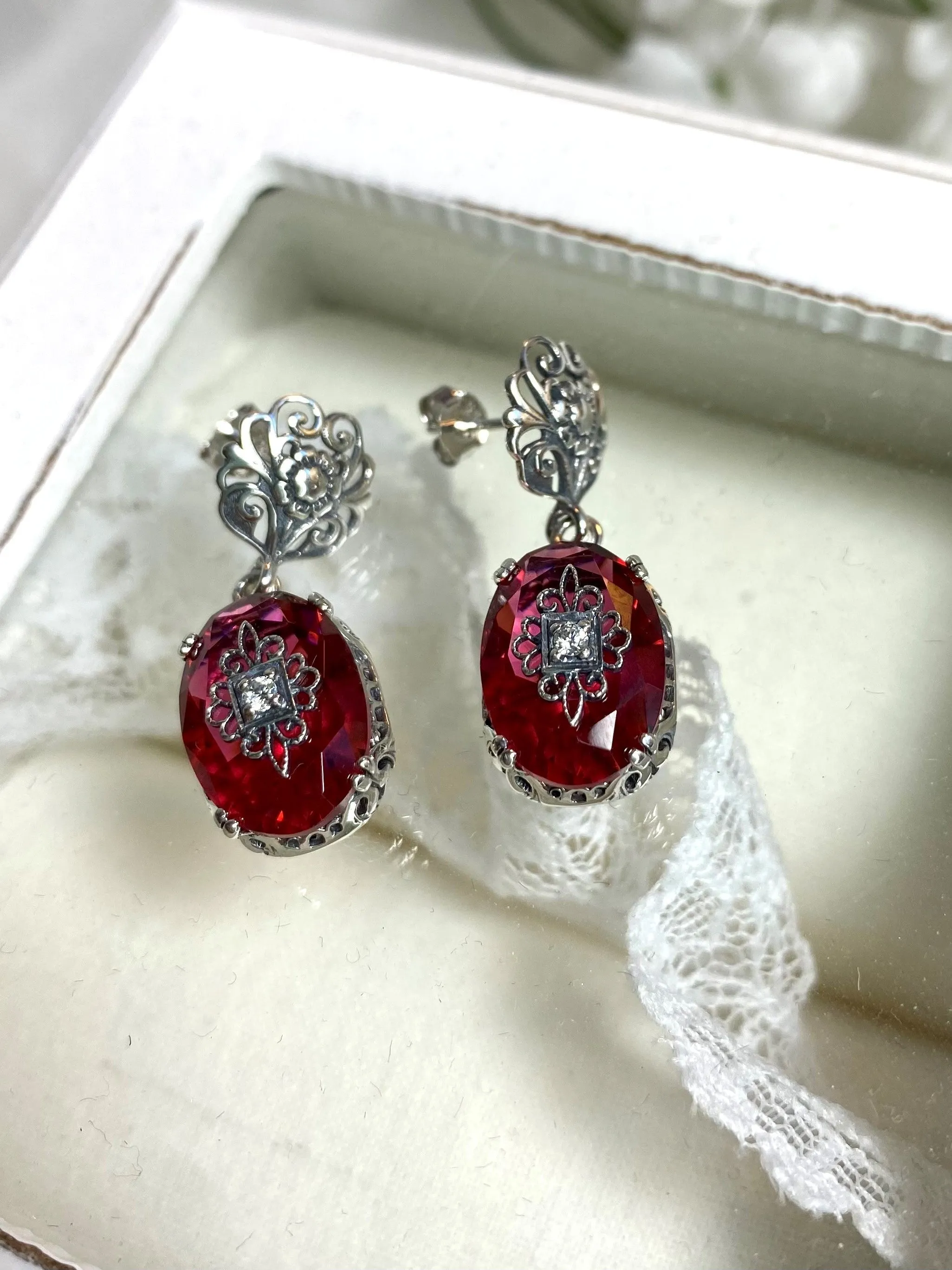 Save 10% on Pink Earrings & Necklace Set, Diamond Inset Gems with Sterling Silver Embellishment, Vintage Edwardian Jewelry #E70e