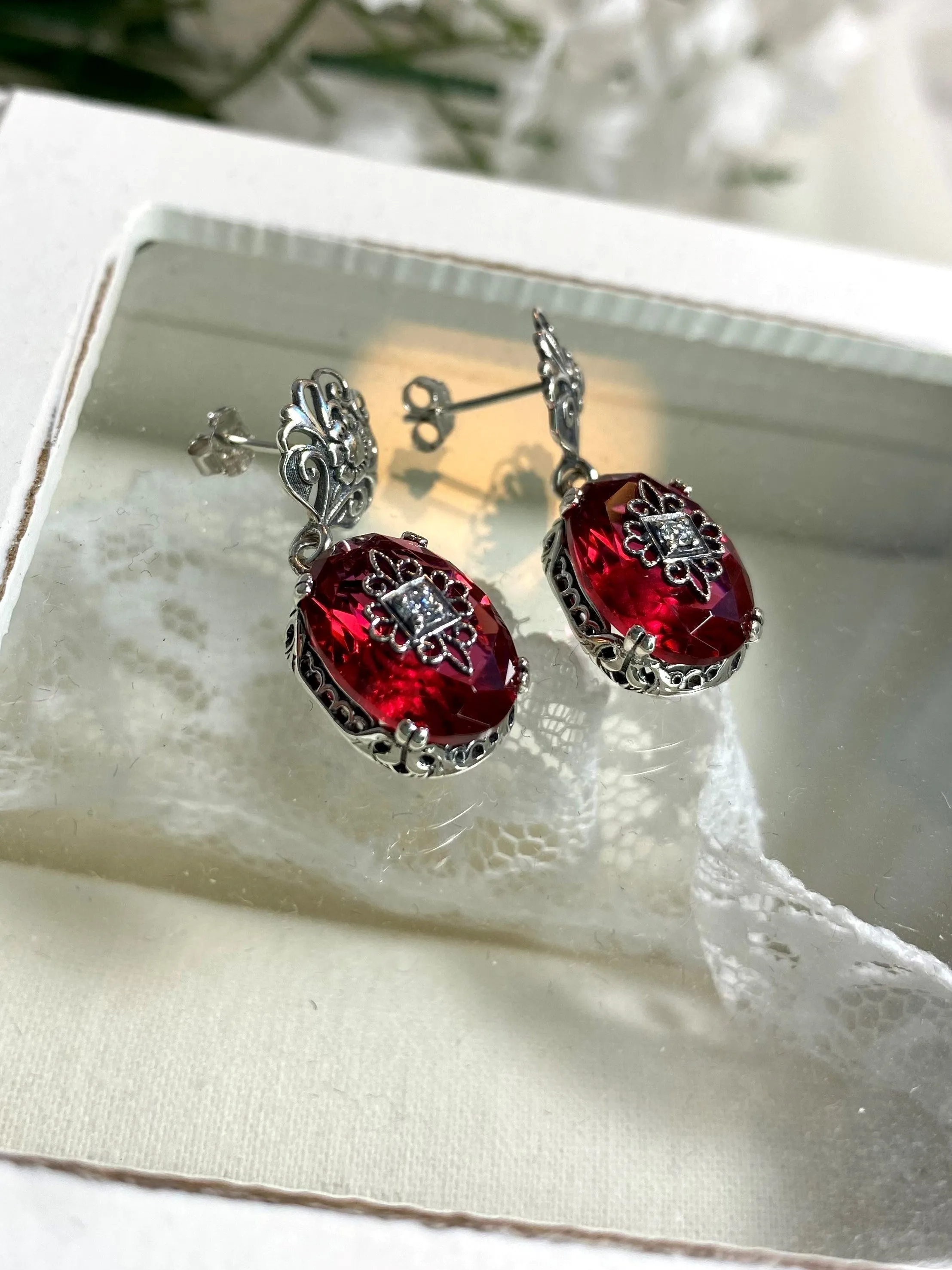 Save 10% on Pink Earrings & Necklace Set, Diamond Inset Gems with Sterling Silver Embellishment, Vintage Edwardian Jewelry #E70e