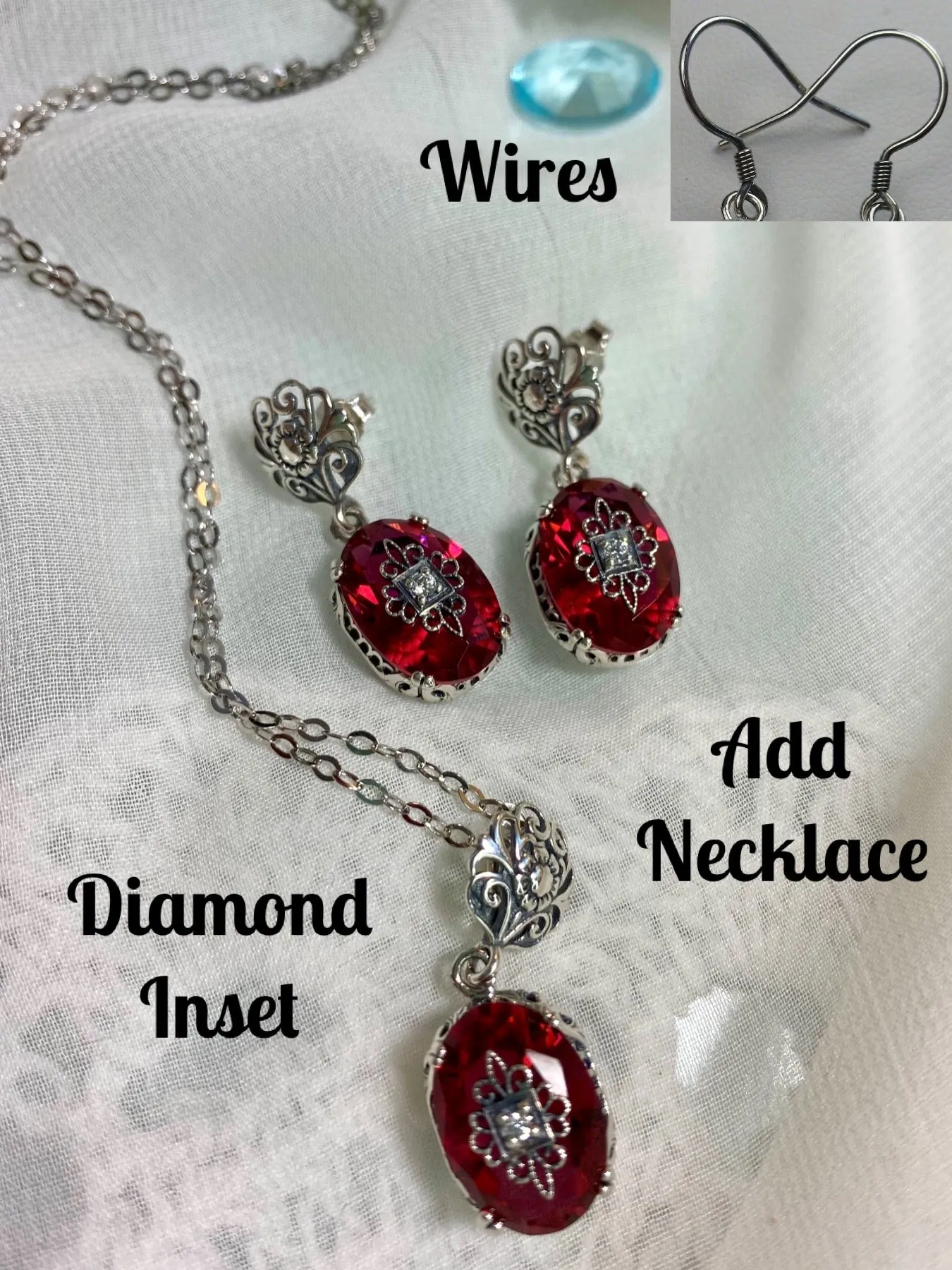 Save 10% on Pink Earrings & Necklace Set, Diamond Inset Gems with Sterling Silver Embellishment, Vintage Edwardian Jewelry #E70e