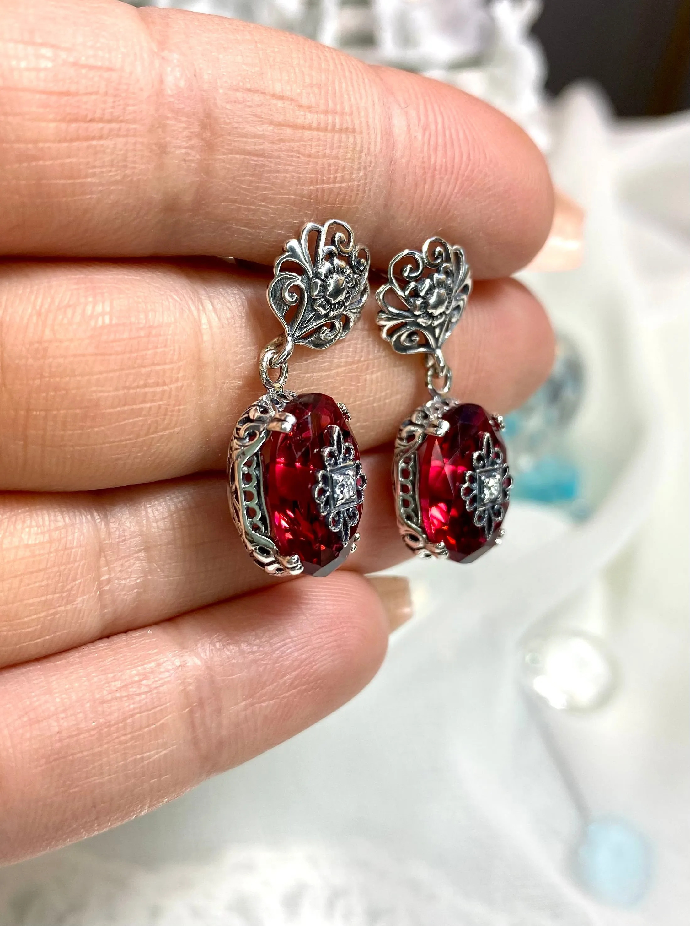 Save 10% on Pink Earrings & Necklace Set, Diamond Inset Gems with Sterling Silver Embellishment, Vintage Edwardian Jewelry #E70e