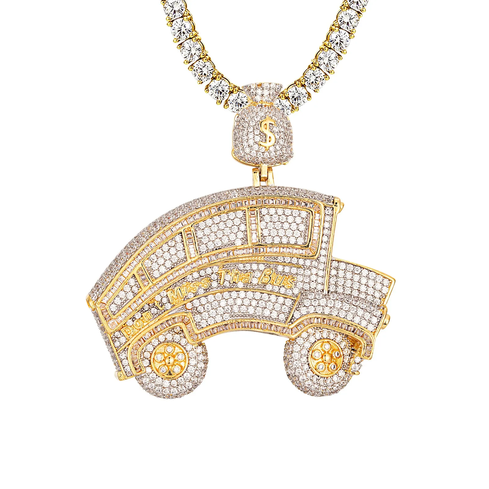 School Bus Dollar Bag Pendant  Gold Tone Don't Miss the Bus 3D Money Icy