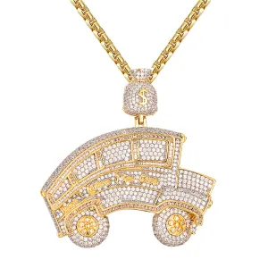 School Bus Dollar Bag Pendant  Gold Tone Don't Miss the Bus 3D Money Icy