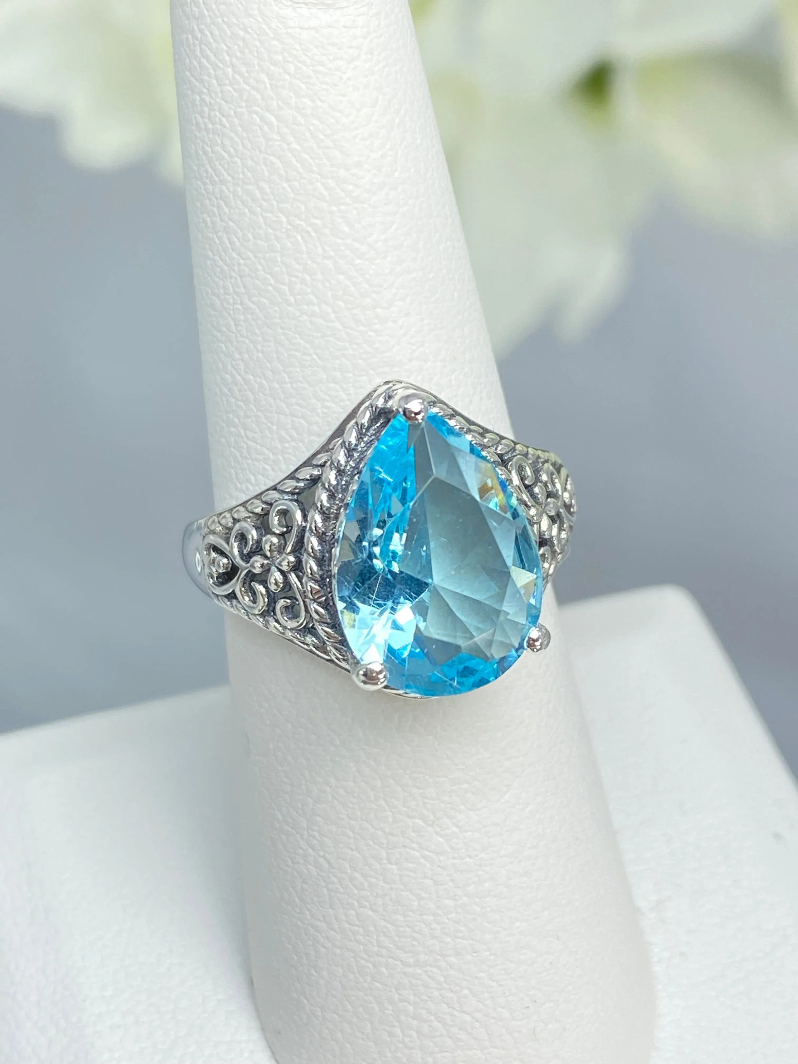 Sky Blue Aquamarine Ring, Teardrop Gem, Victorian Jewelry Design #D222