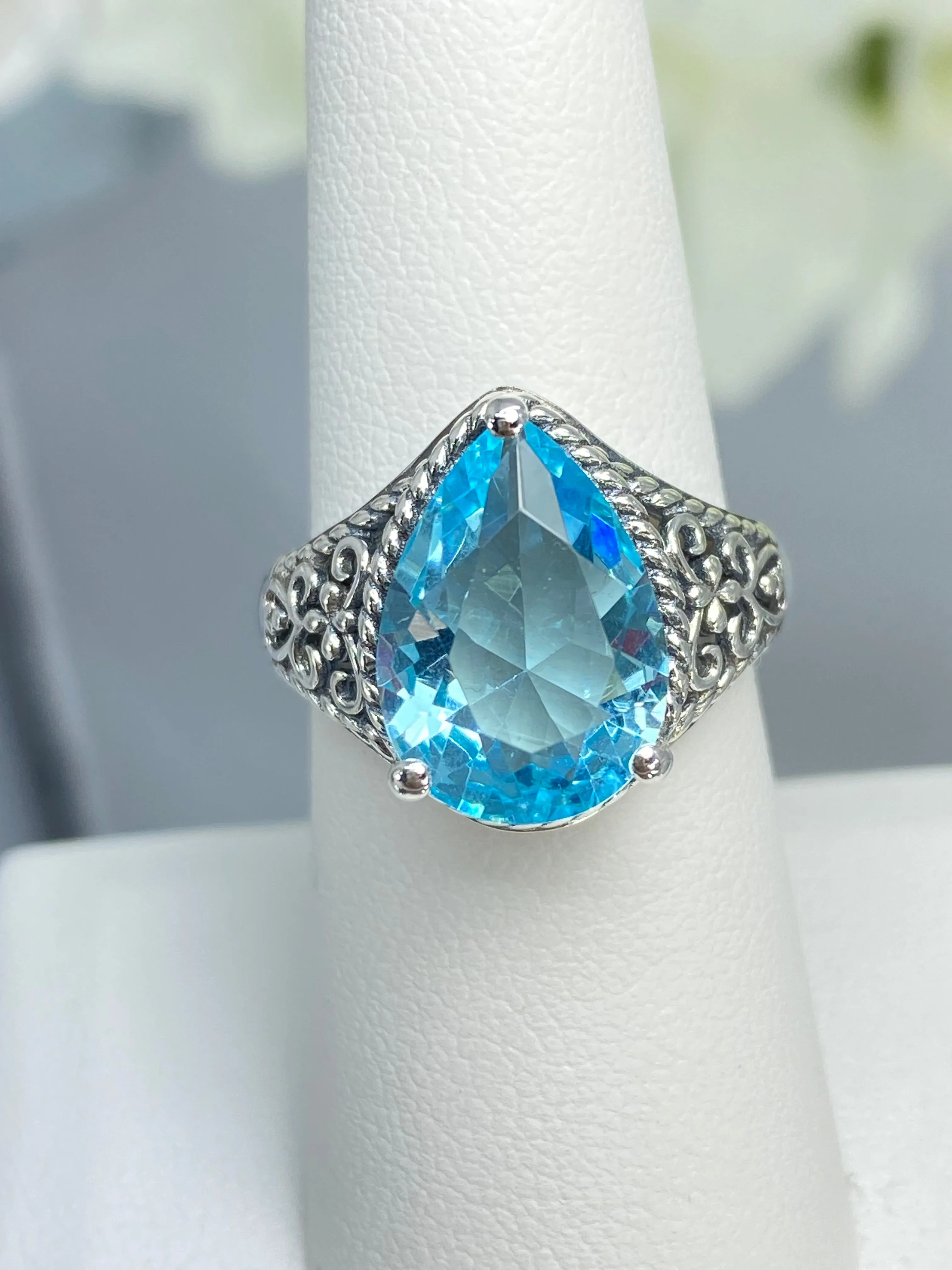 Sky Blue Aquamarine Ring, Teardrop Gem, Victorian Jewelry Design #D222