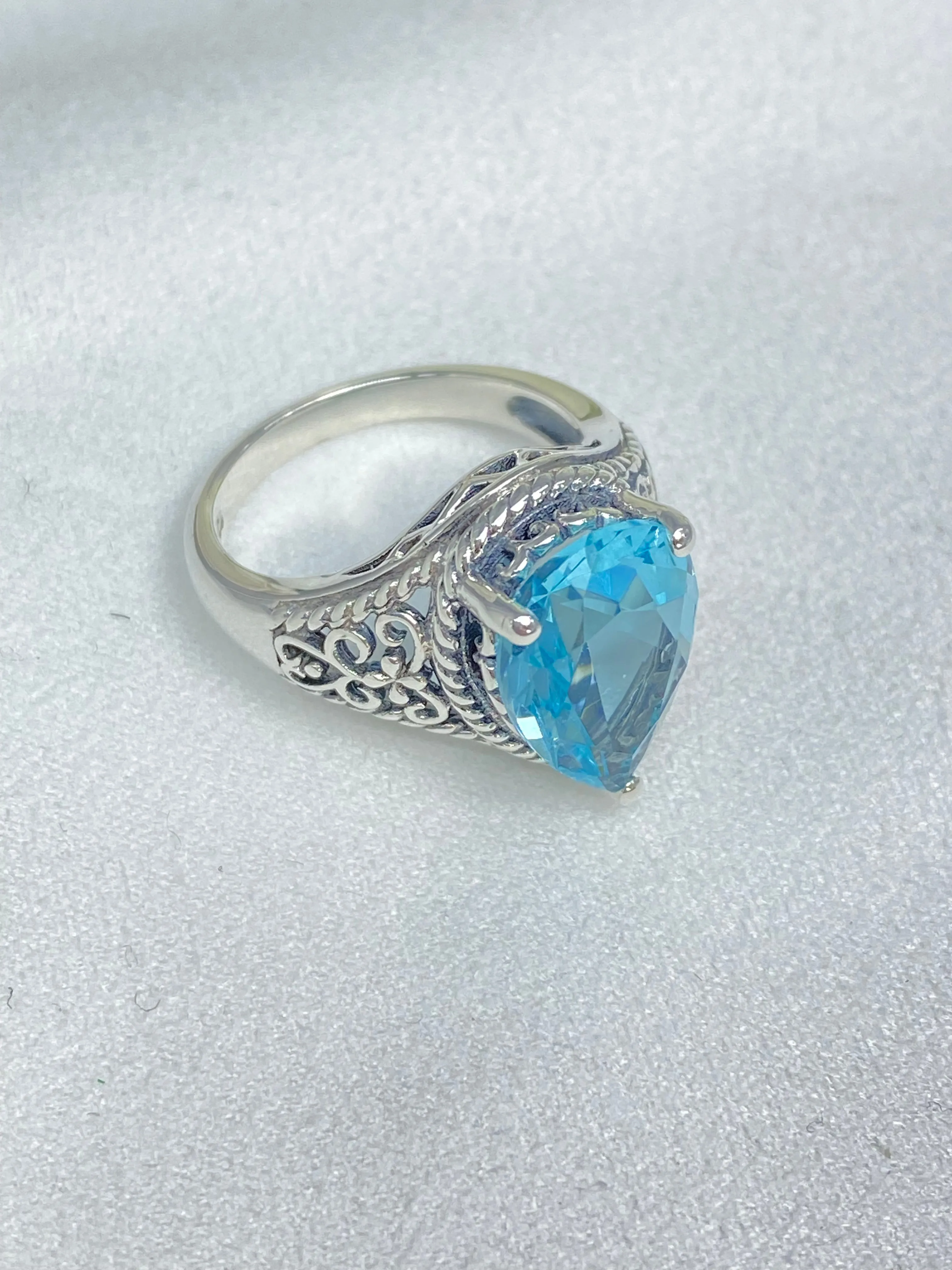 Sky Blue Aquamarine Ring, Teardrop Gem, Victorian Jewelry Design #D222