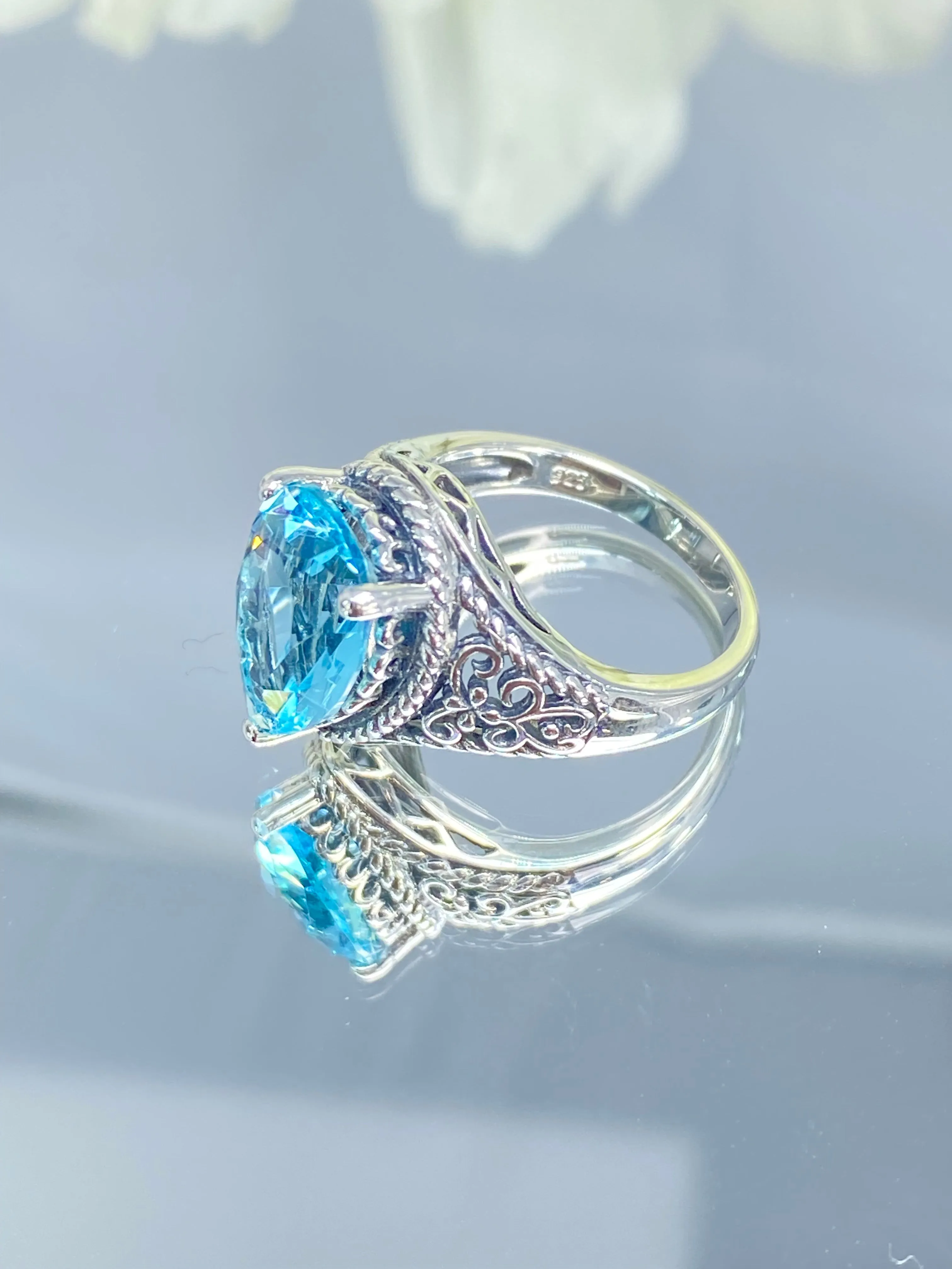 Sky Blue Aquamarine Ring, Teardrop Gem, Victorian Jewelry Design #D222