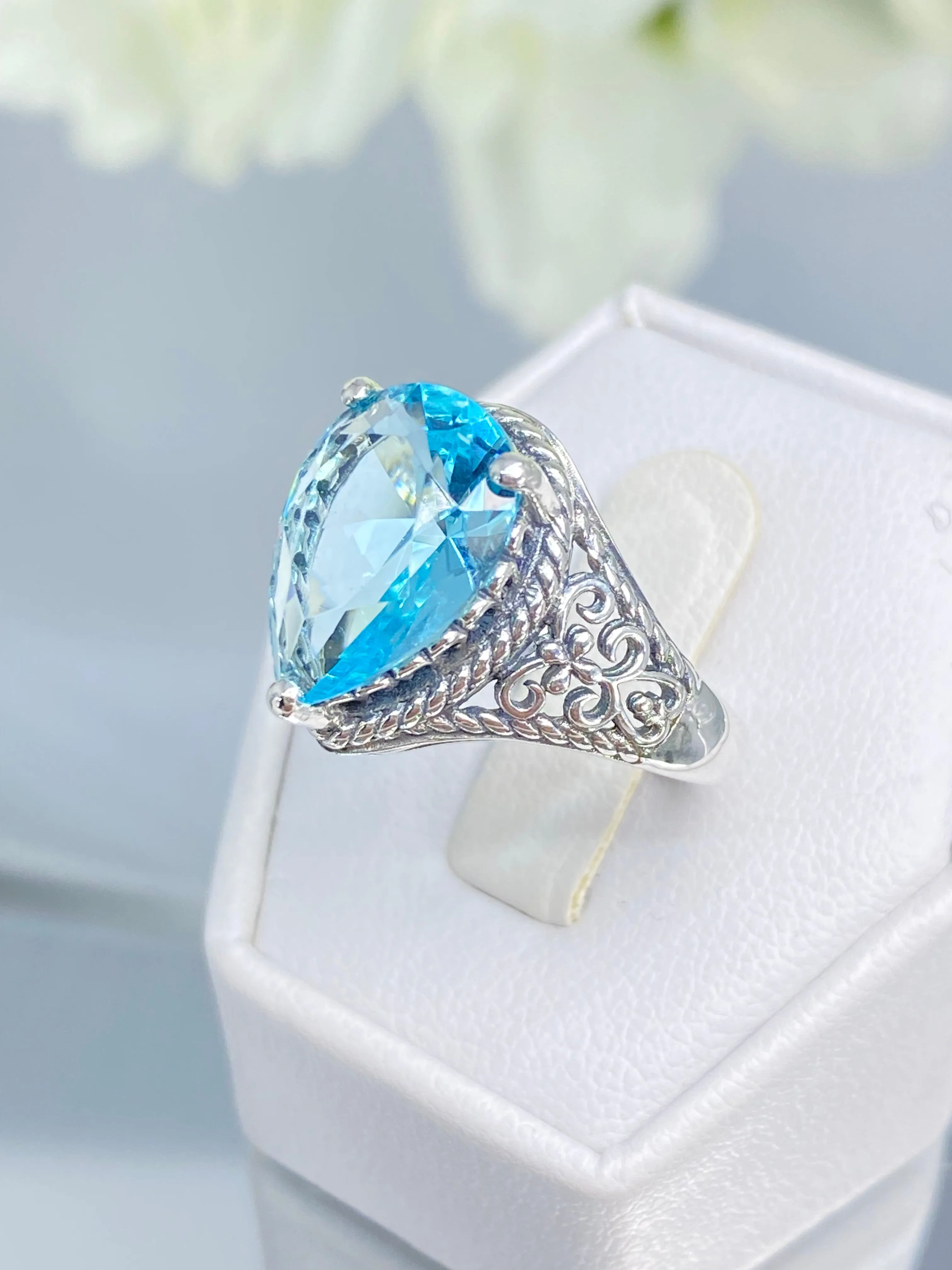 Sky Blue Aquamarine Ring, Teardrop Gem, Victorian Jewelry Design #D222