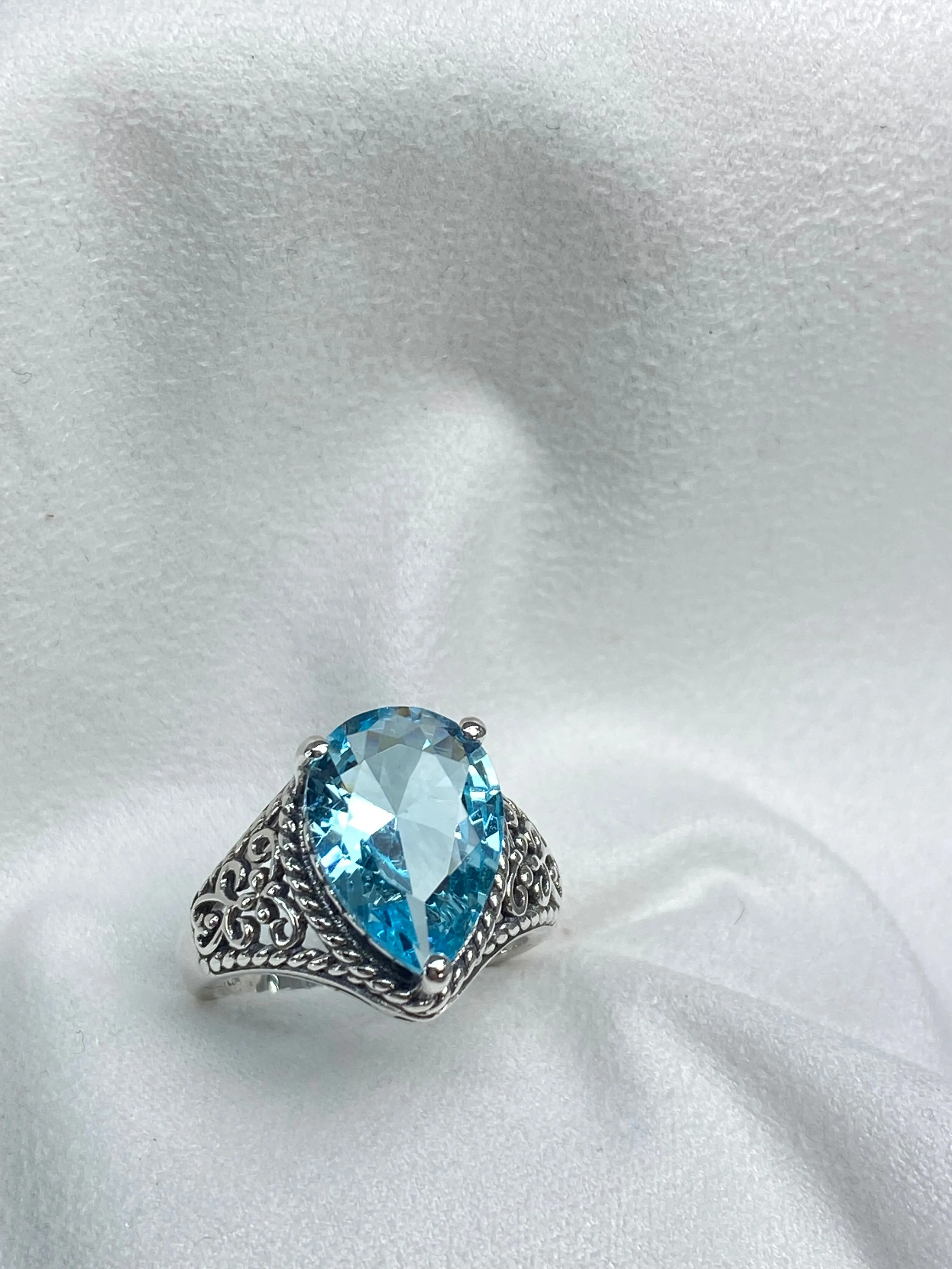 Sky Blue Aquamarine Ring, Teardrop Gem, Victorian Jewelry Design #D222
