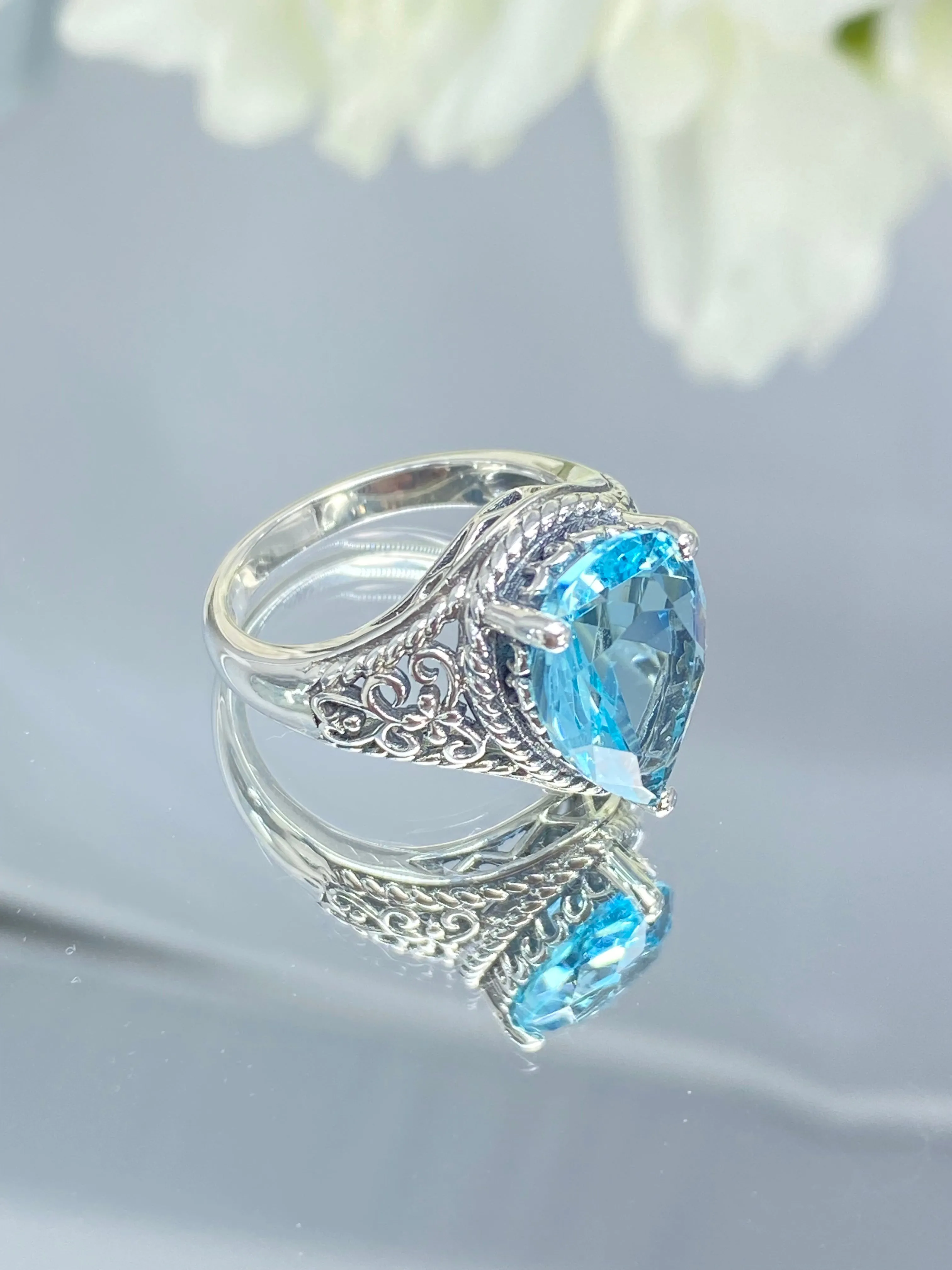 Sky Blue Aquamarine Ring, Teardrop Gem, Victorian Jewelry Design #D222