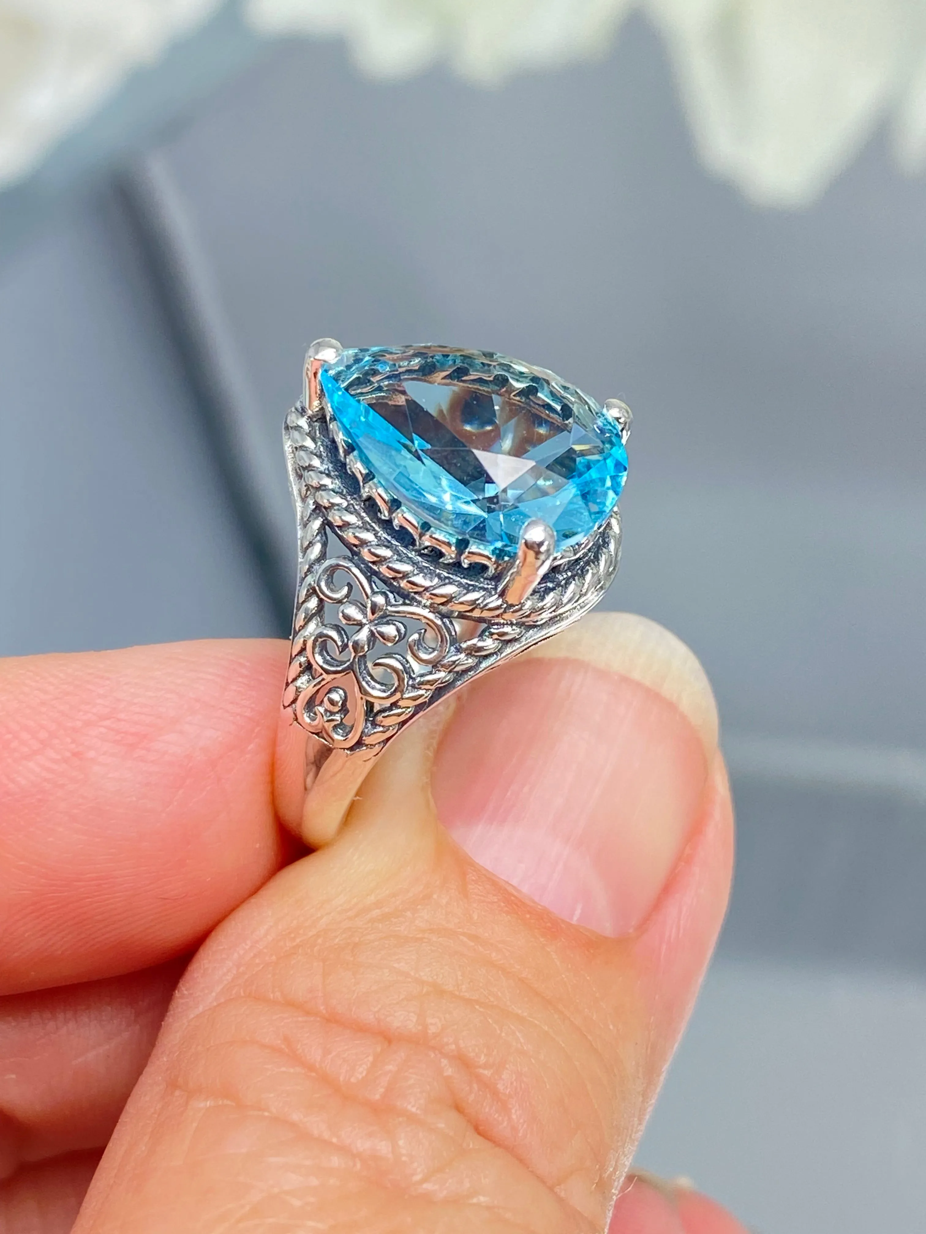 Sky Blue Aquamarine Ring, Teardrop Gem, Victorian Jewelry Design #D222