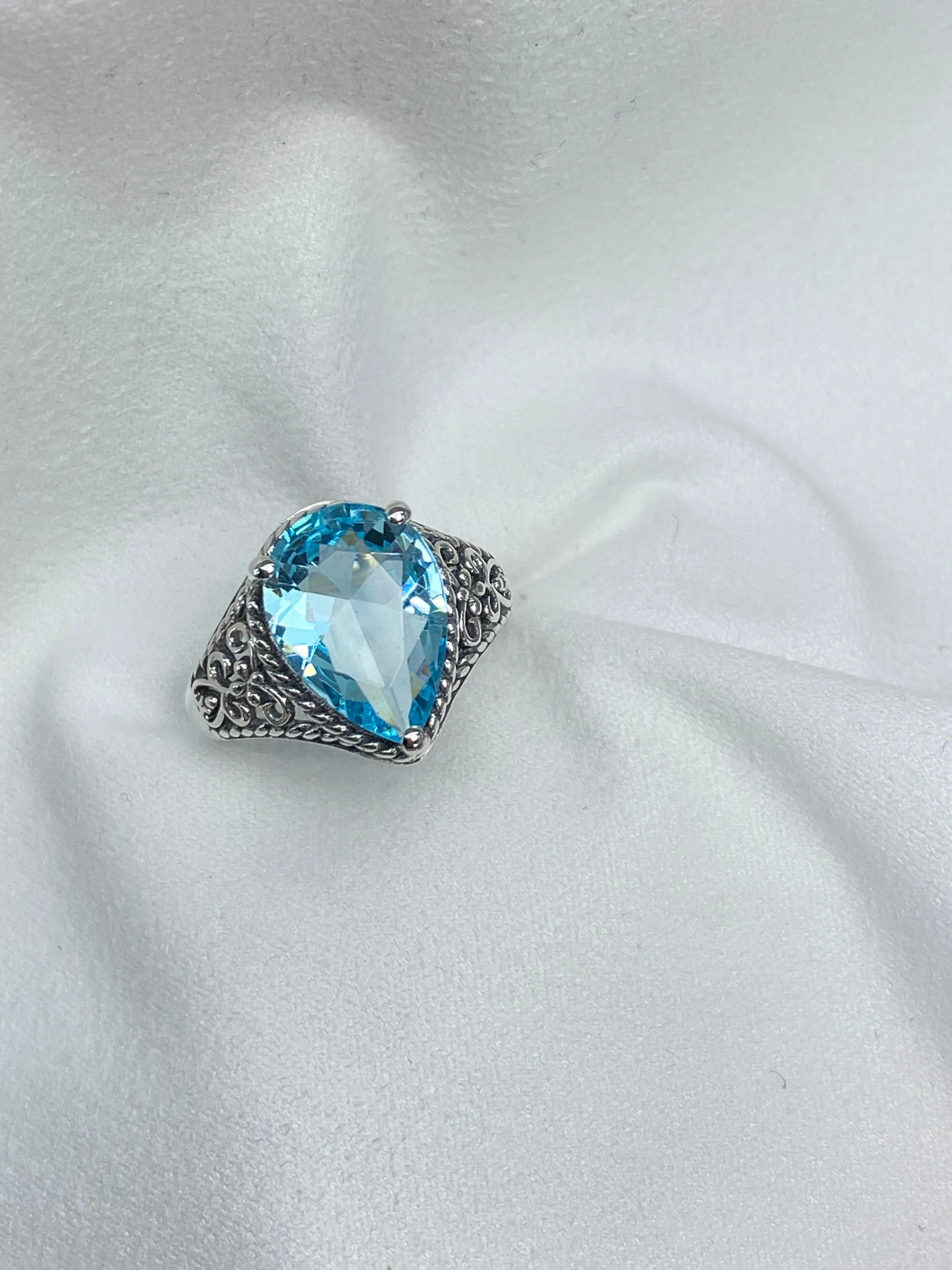 Sky Blue Aquamarine Ring, Teardrop Gem, Victorian Jewelry Design #D222