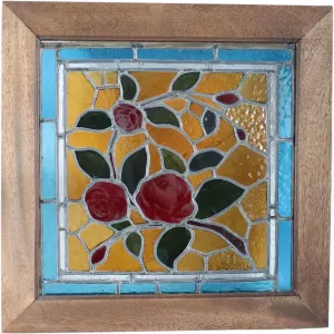 Small American Stained, Leaded and Painted Glass Square Floral Window