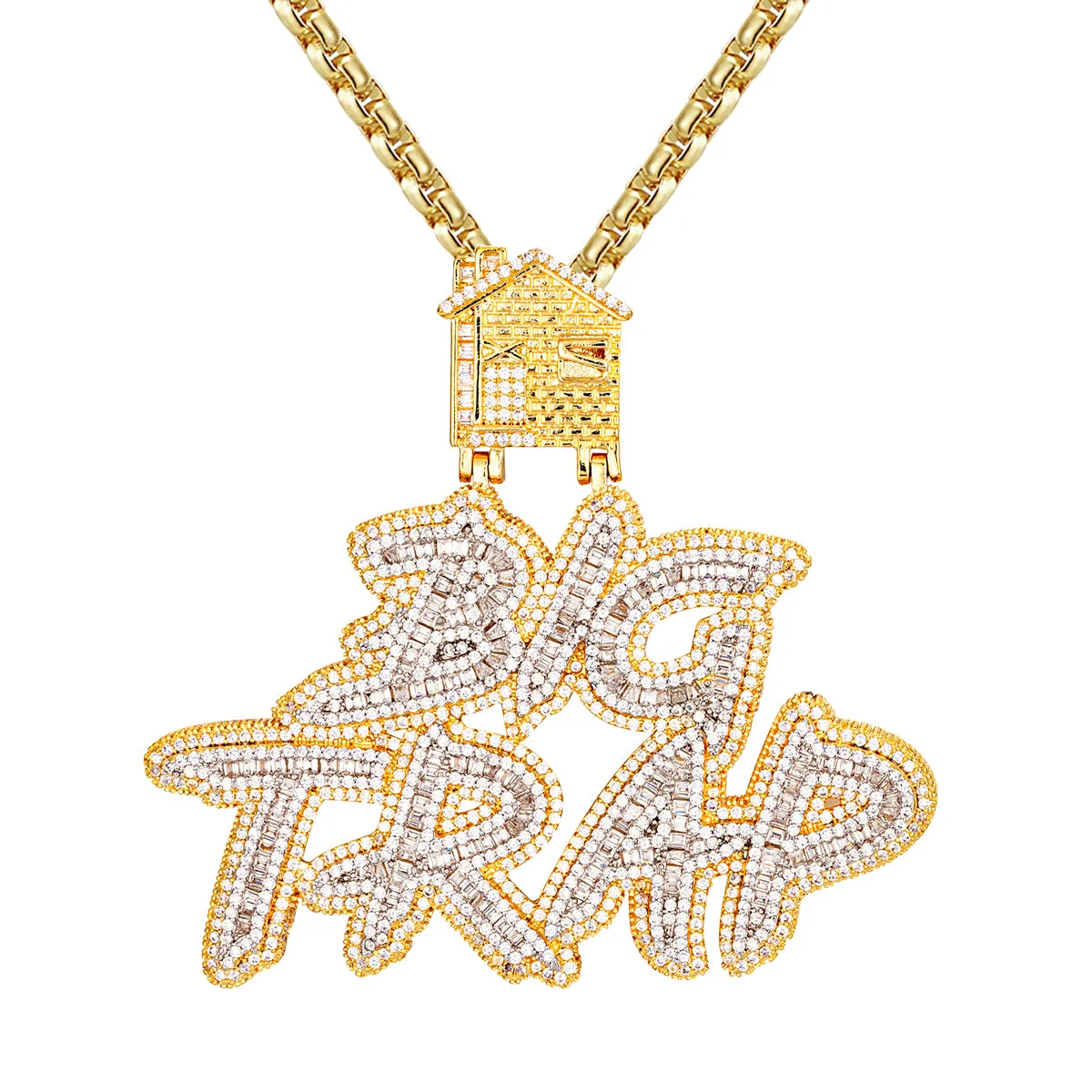 Sterling Silver Double Layer Baguette Big Trap House Pendant