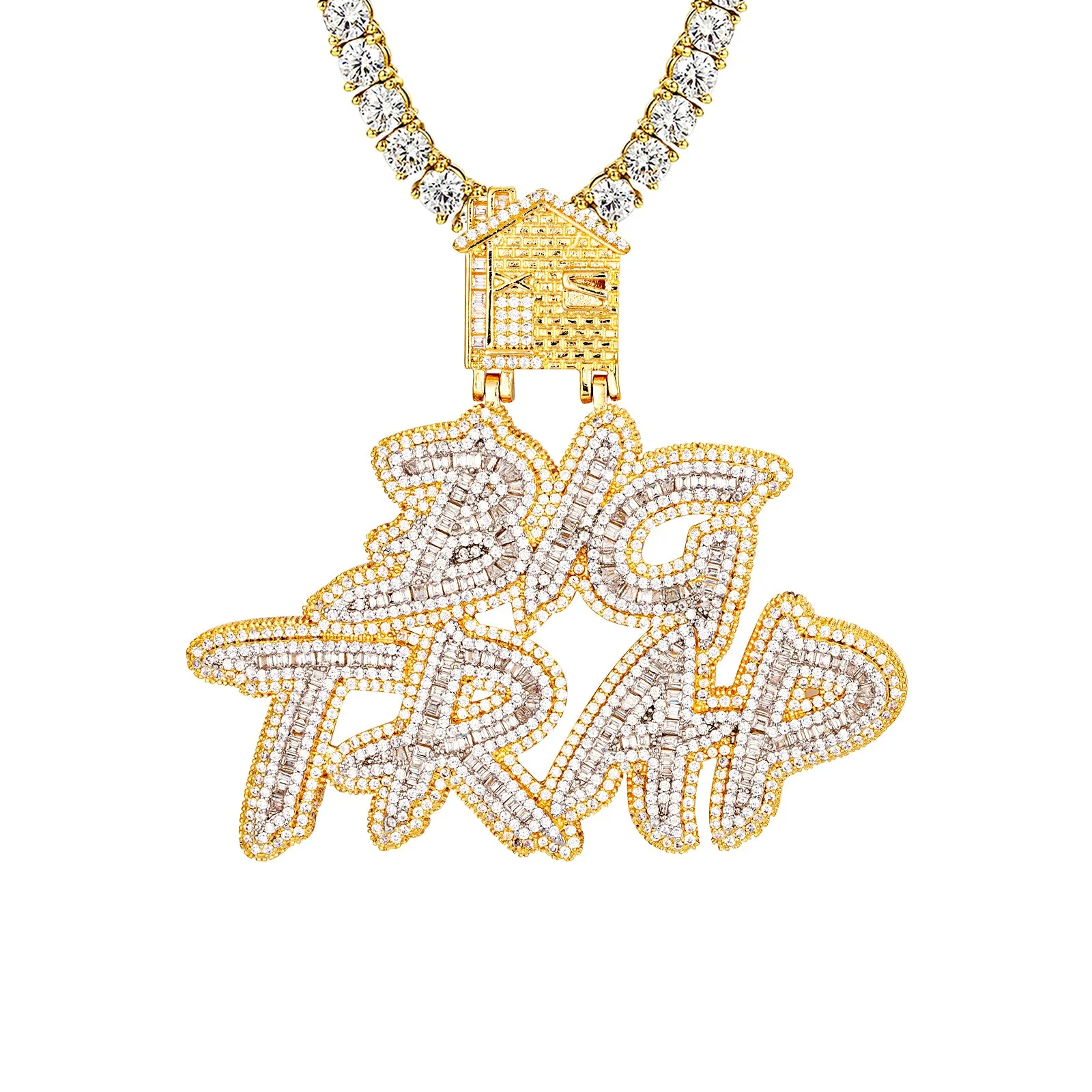 Sterling Silver Double Layer Baguette Big Trap House Pendant