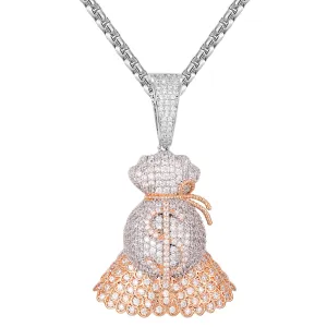 Sterling Silver Mens Money Dollar Bag Icy Hip Hop Pendant