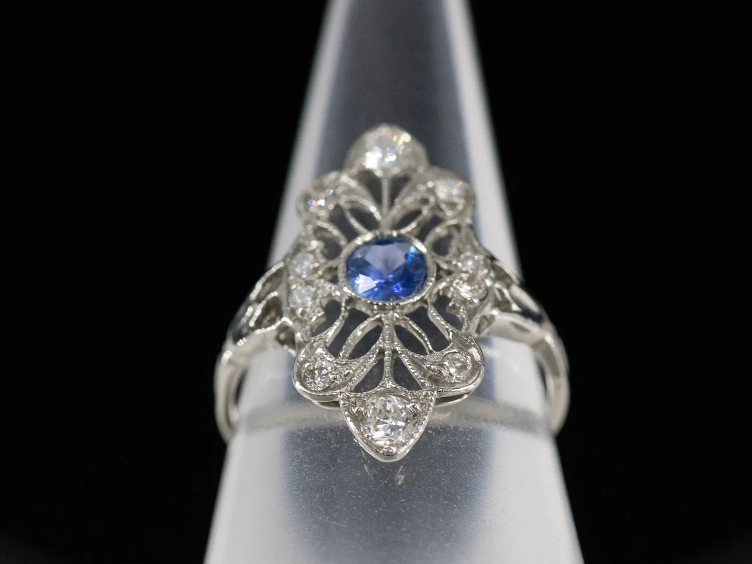 The Cordelia Sapphire and Diamond Navette Ring in 14K White Gold