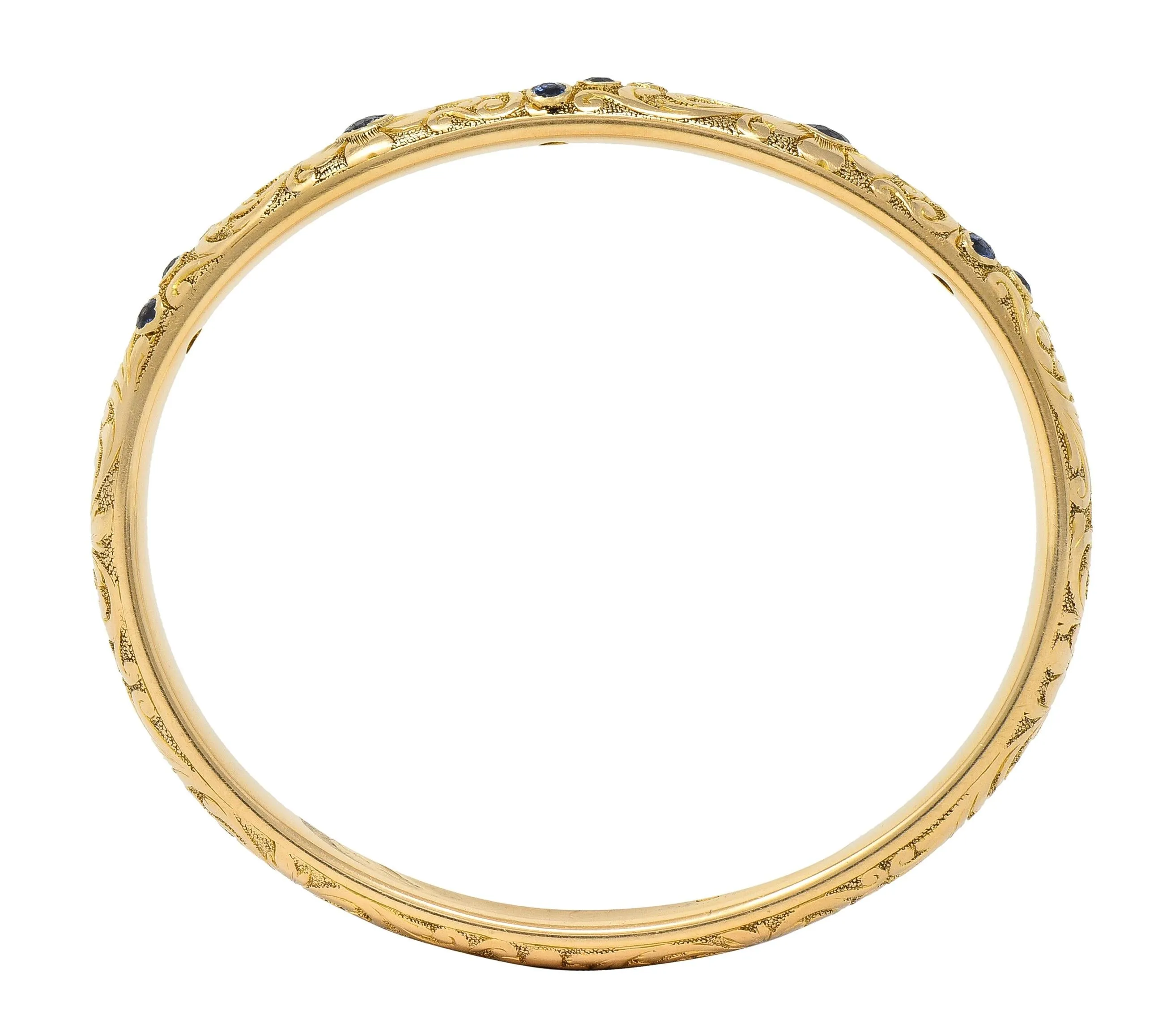 Tiffany & Co. Victorian Blue Sapphire 14 Karat Yellow Gold Floral Antique Bangle Bracelet