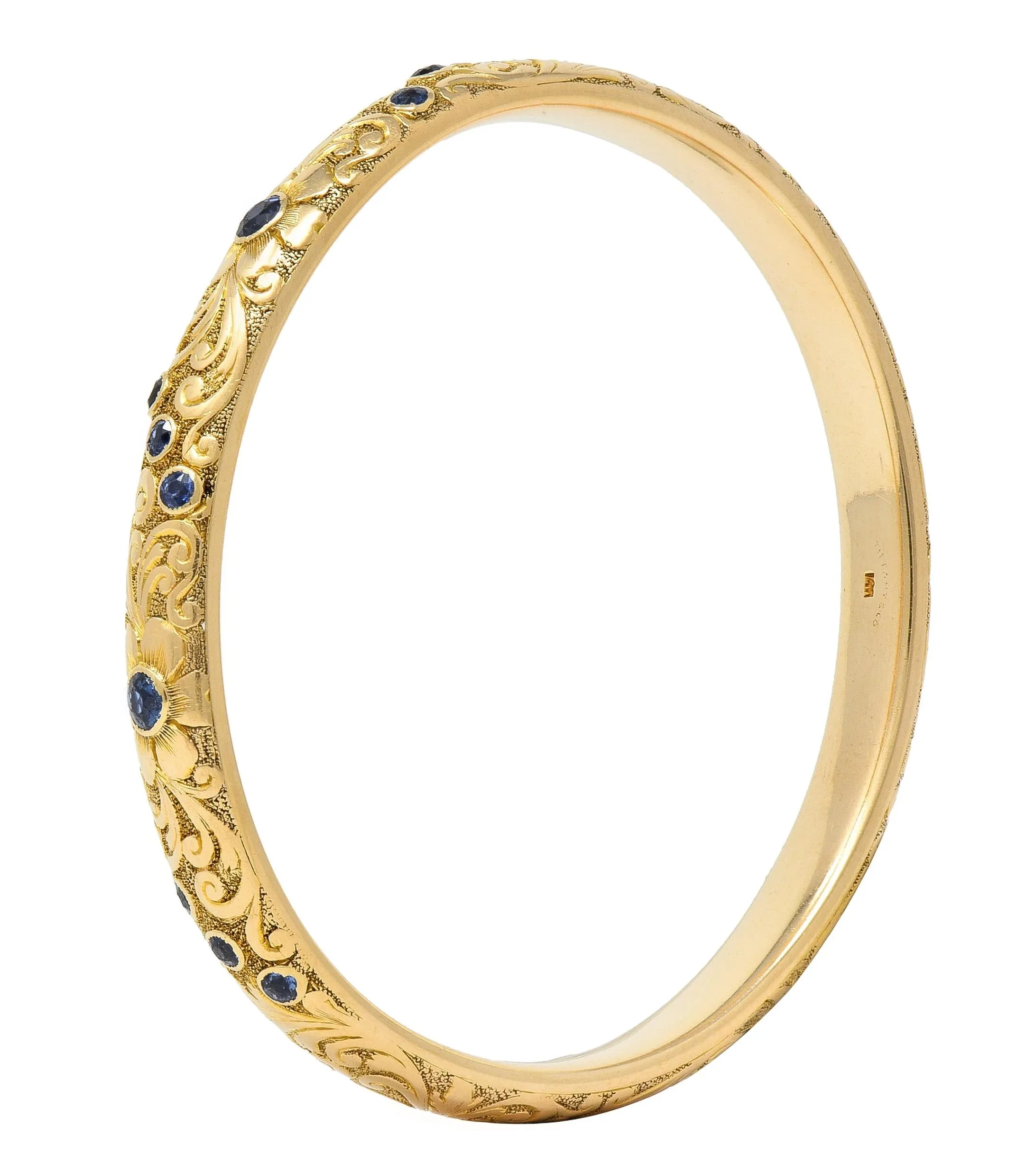 Tiffany & Co. Victorian Blue Sapphire 14 Karat Yellow Gold Floral Antique Bangle Bracelet