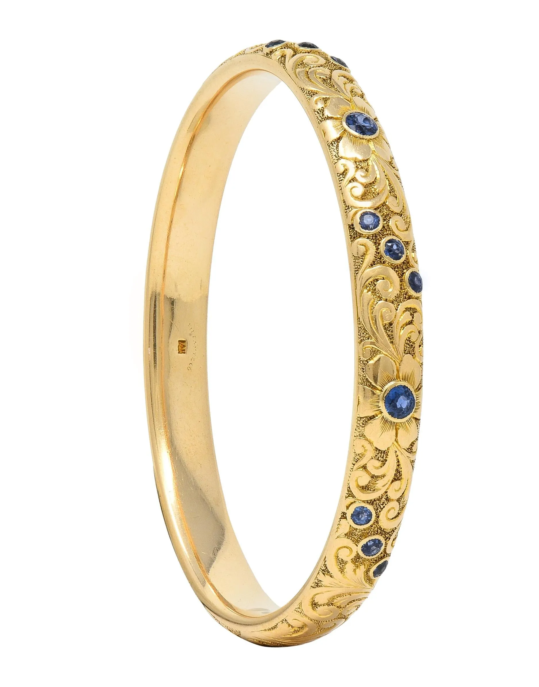 Tiffany & Co. Victorian Blue Sapphire 14 Karat Yellow Gold Floral Antique Bangle Bracelet