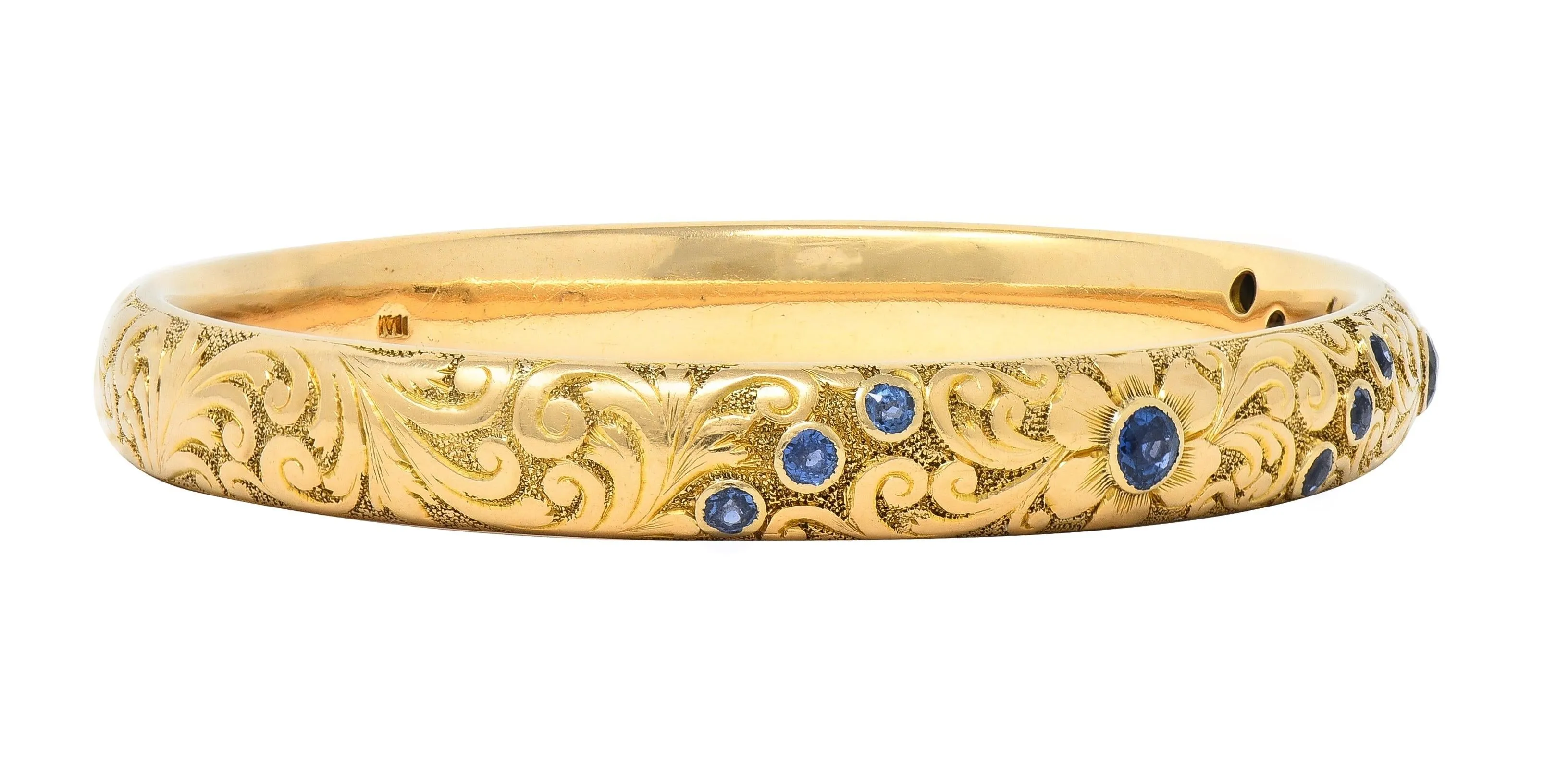 Tiffany & Co. Victorian Blue Sapphire 14 Karat Yellow Gold Floral Antique Bangle Bracelet