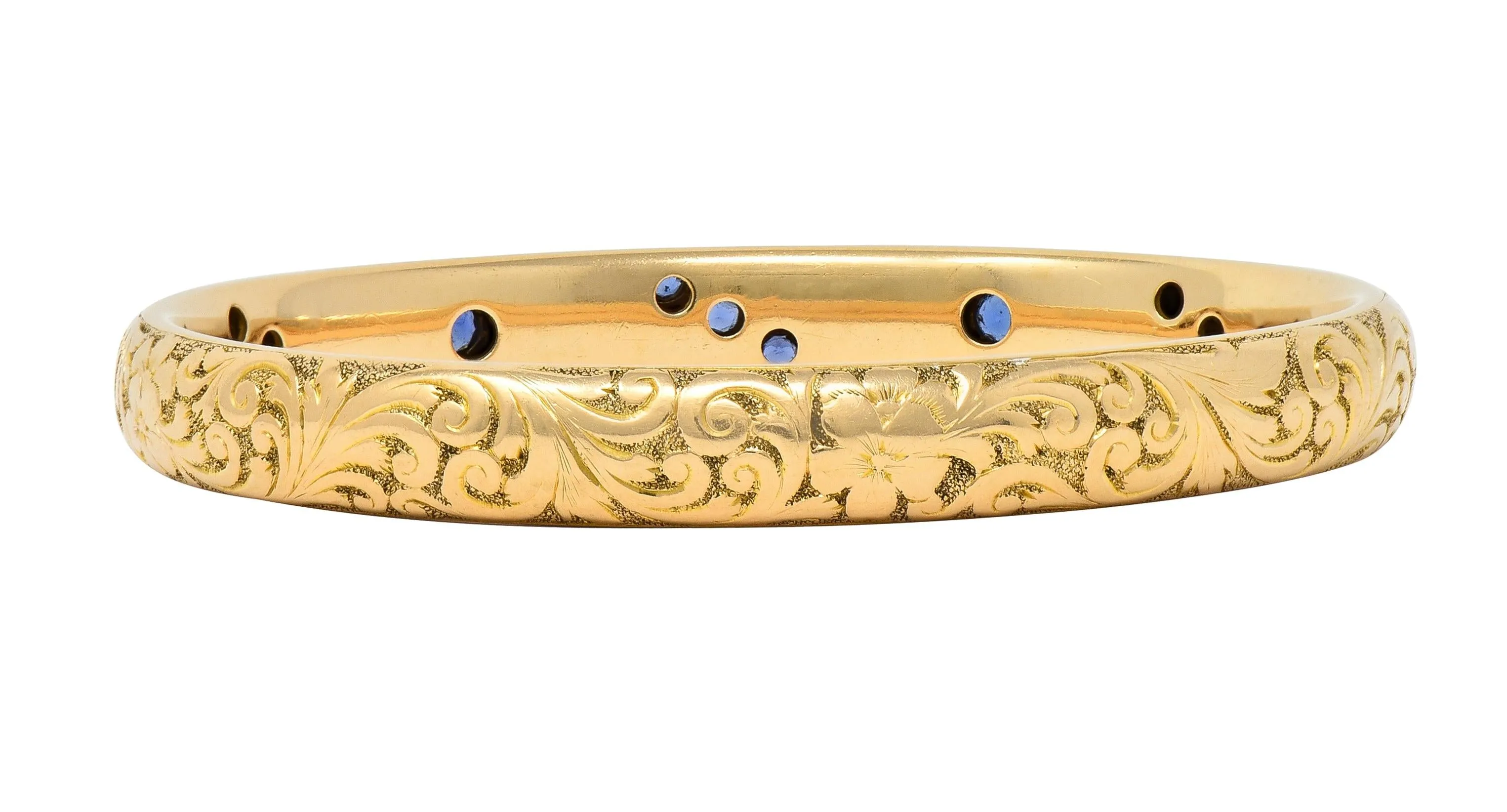 Tiffany & Co. Victorian Blue Sapphire 14 Karat Yellow Gold Floral Antique Bangle Bracelet