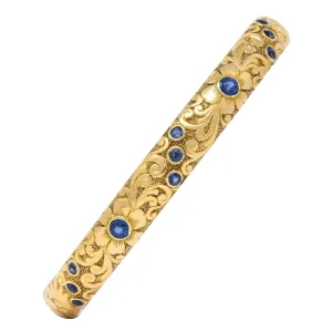 Tiffany & Co. Victorian Blue Sapphire 14 Karat Yellow Gold Floral Antique Bangle Bracelet