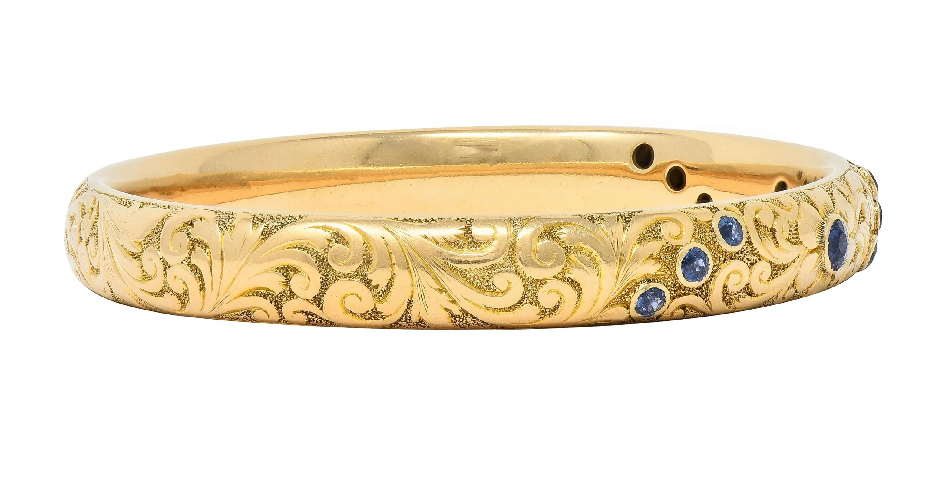 Tiffany & Co. Victorian Blue Sapphire 14 Karat Yellow Gold Floral Antique Bangle Bracelet