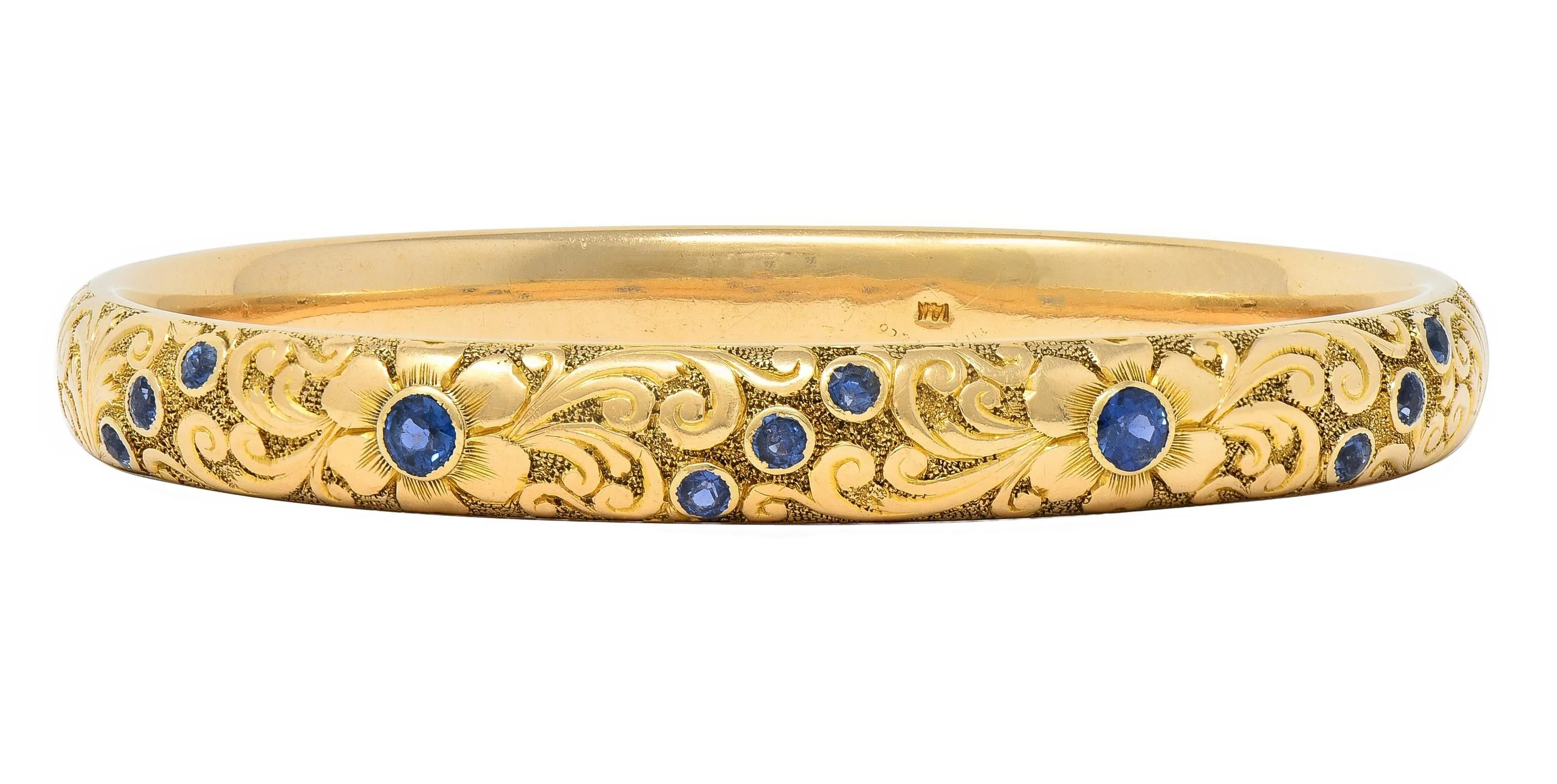 Tiffany & Co. Victorian Blue Sapphire 14 Karat Yellow Gold Floral Antique Bangle Bracelet