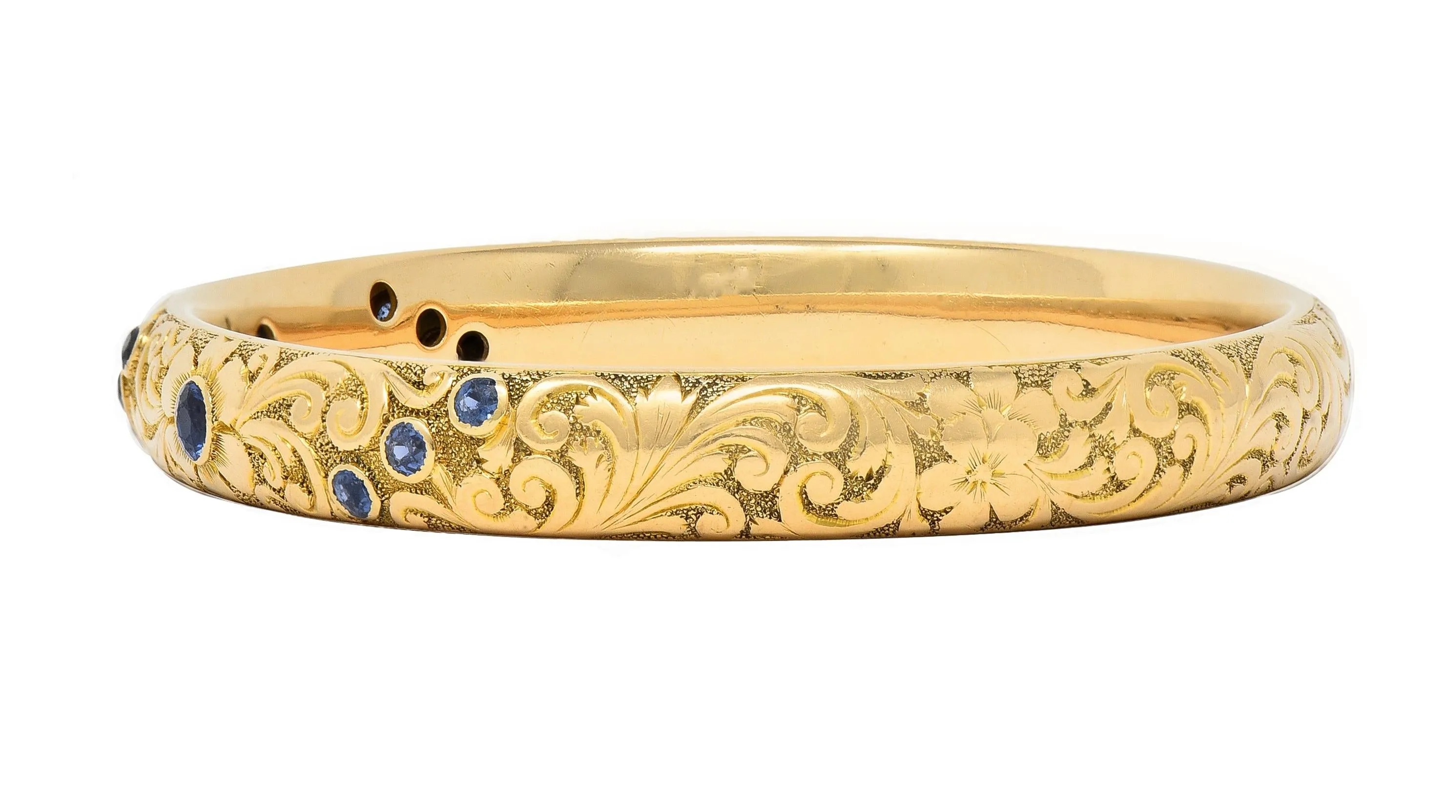 Tiffany & Co. Victorian Blue Sapphire 14 Karat Yellow Gold Floral Antique Bangle Bracelet